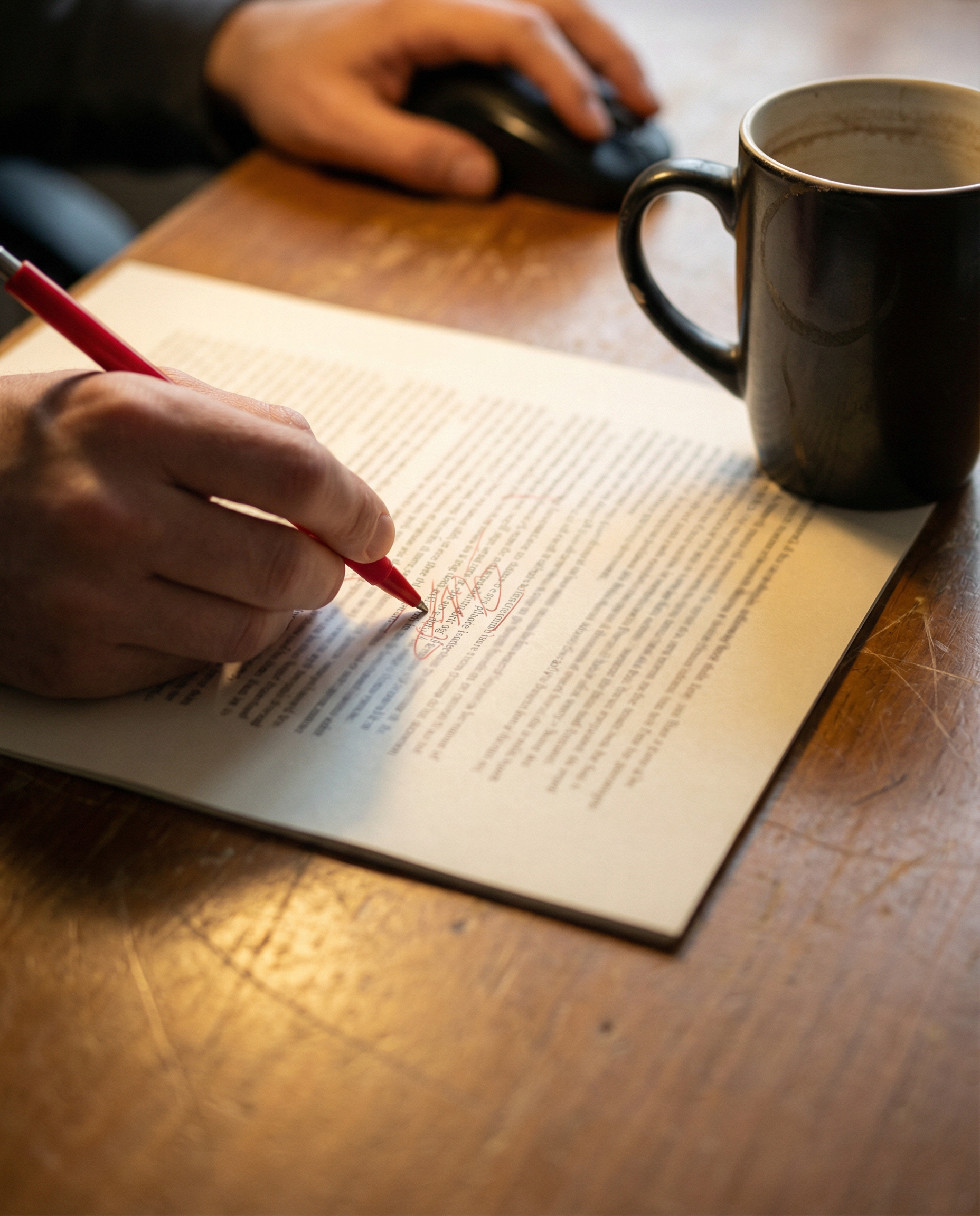Photorealistic editorial photograph: extreme close-up macro shot of a human hand writing edits in red pen over printed AI-generated text, shallow depth of field with only middle paragraph in sharp foc