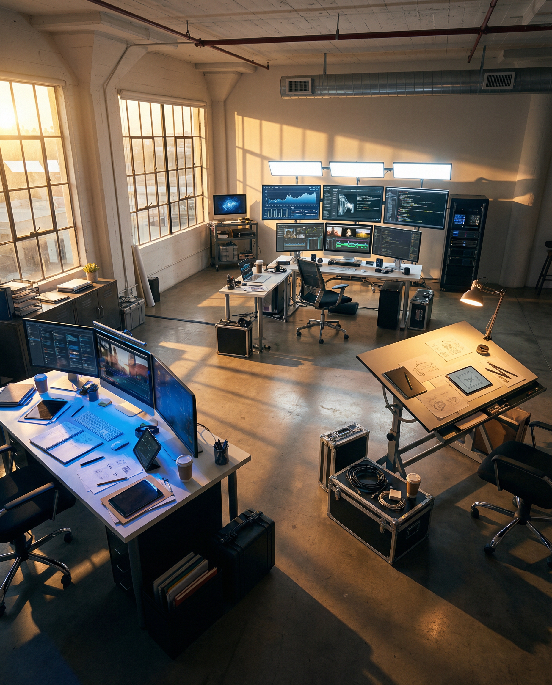 Photorealistic editorial photograph: wide establishing shot of modern content studio with three distinct workstations arranged in triangle formation, each station lit differently—blue screen glow for