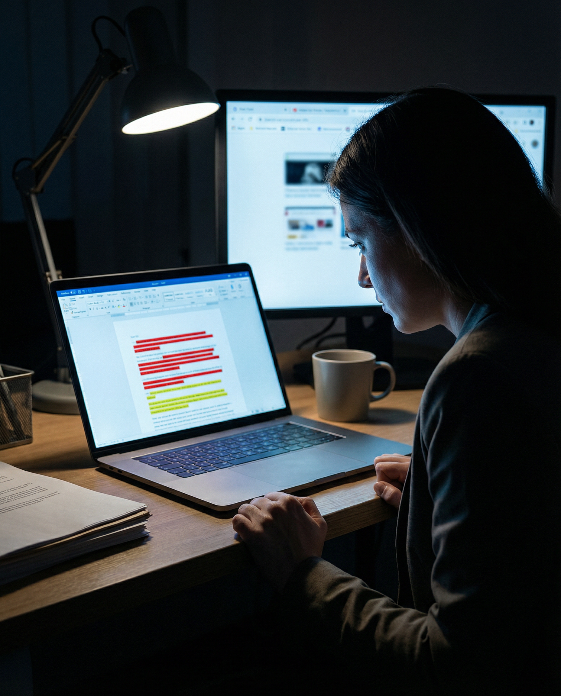 Photorealistic editorial photograph: tense over-the-shoulder shot of editor reviewing laptop screen showing highlighted sentences flagged for fact-checking, red and yellow markup overlays visible on d