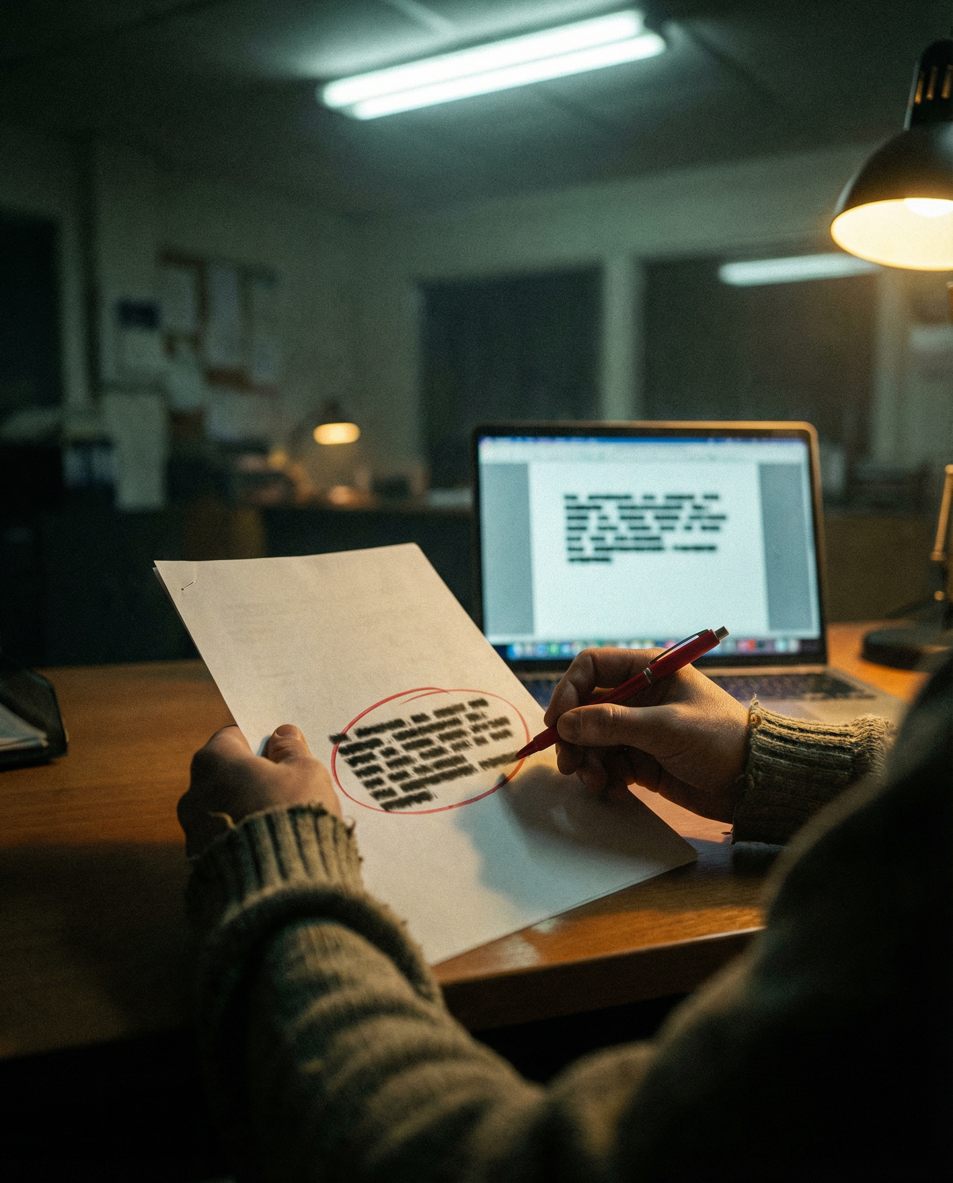 Photorealistic editorial photograph: tense over-the-shoulder shot of an editor's hands holding a printed article with a red pen circling a factual error, laptop screen visible in soft focus background