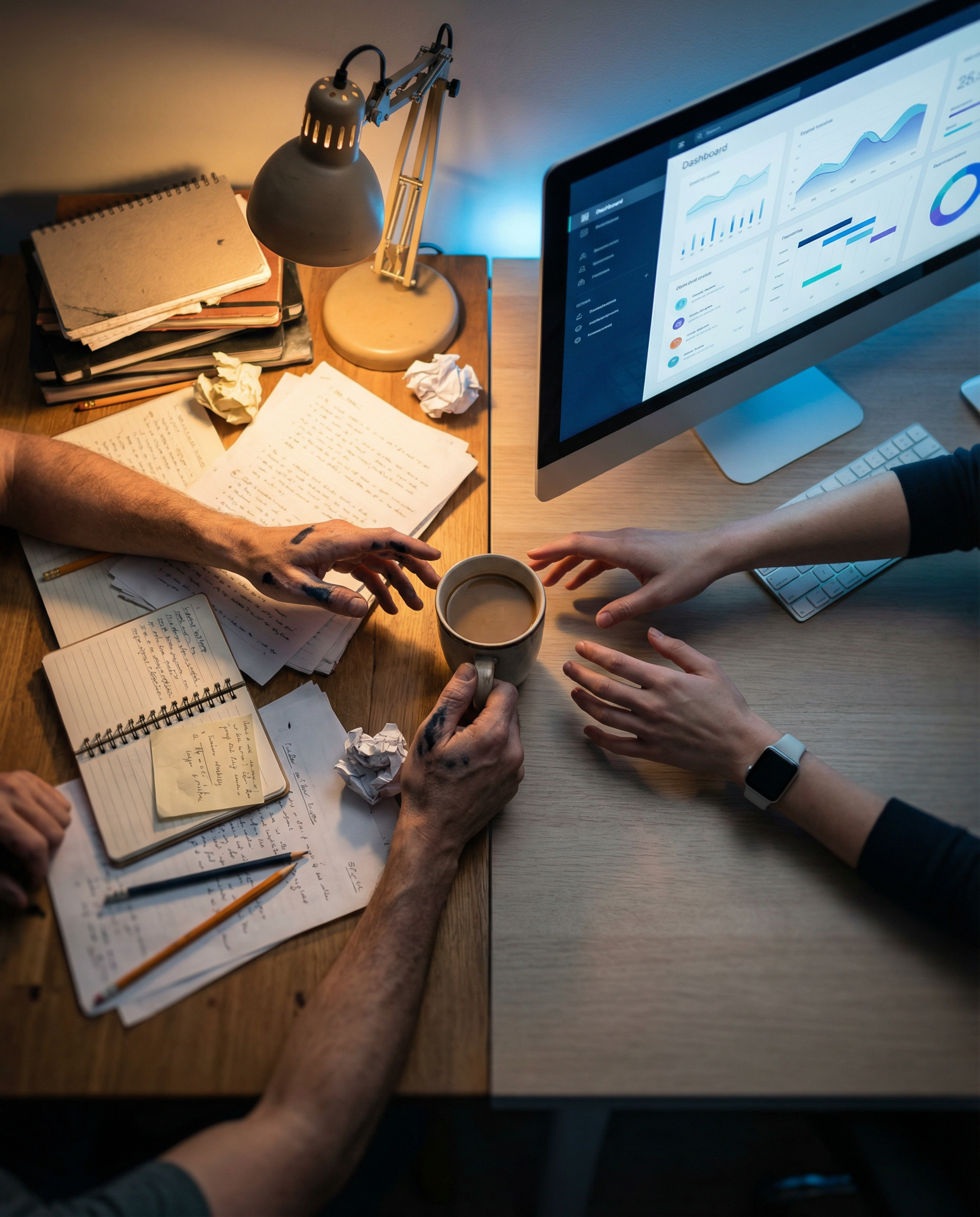 Photorealistic editorial photograph: split-screen workspace showing contrast between messy stack of handwritten notes and notebooks on left side versus clean organized digital dashboard on right monit