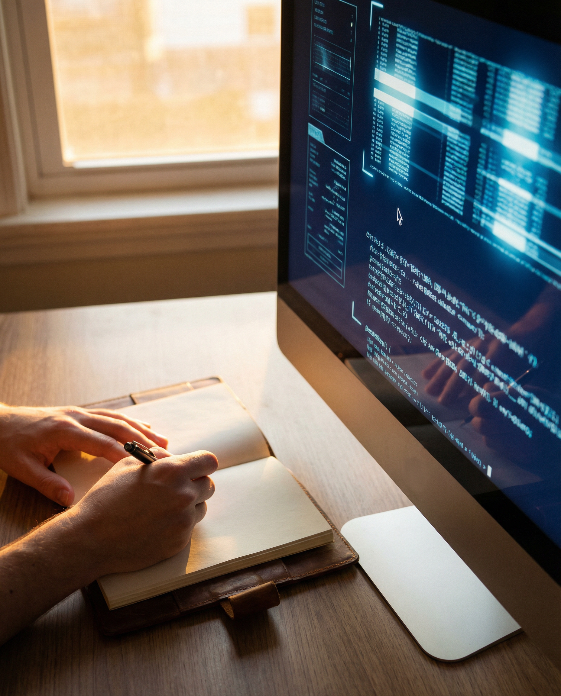Photorealistic editorial photograph: split composition showing human hands writing notes in a leather journal on left side of frame and AI interface generating text on right monitor, golden hour sunli