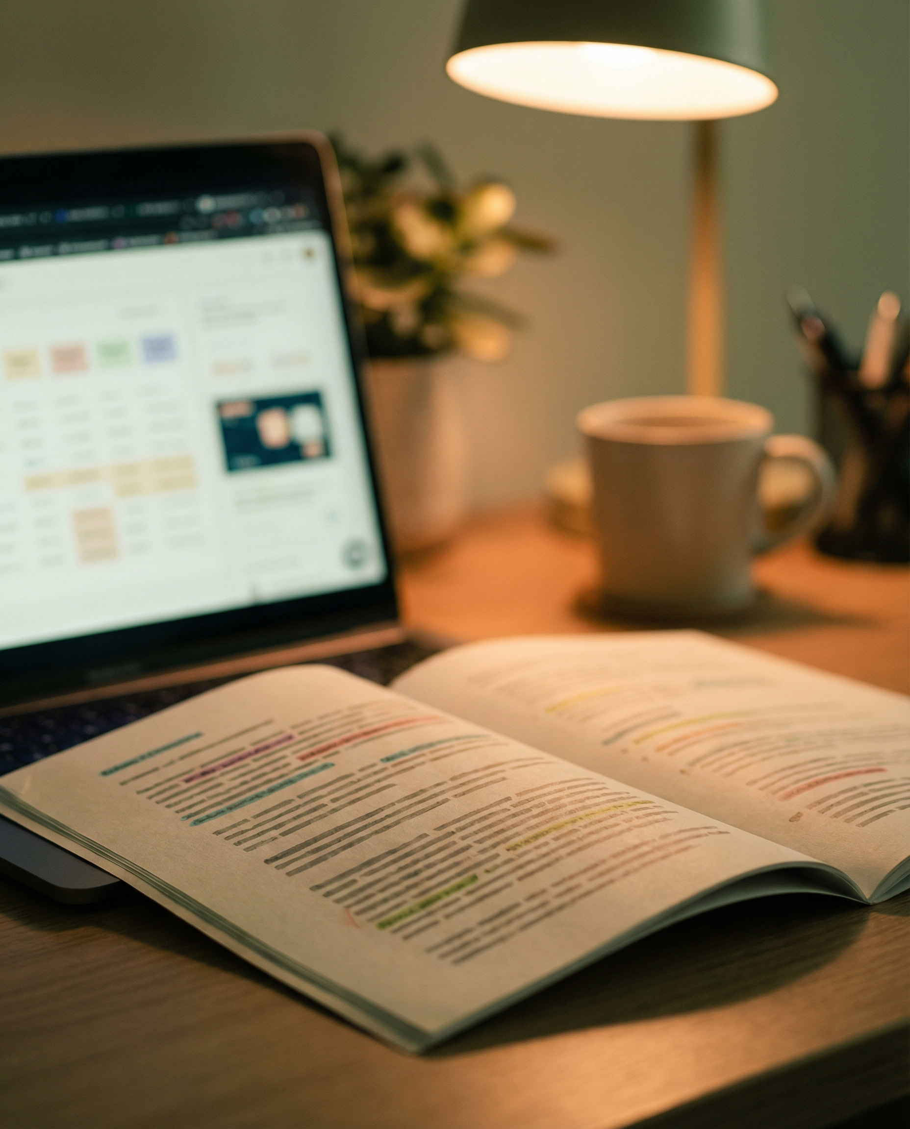 Photorealistic editorial photograph: close-up detail shot of a brand style guide document lying open next to a laptop displaying an AI training interface with sample text visible but unreadable, selec