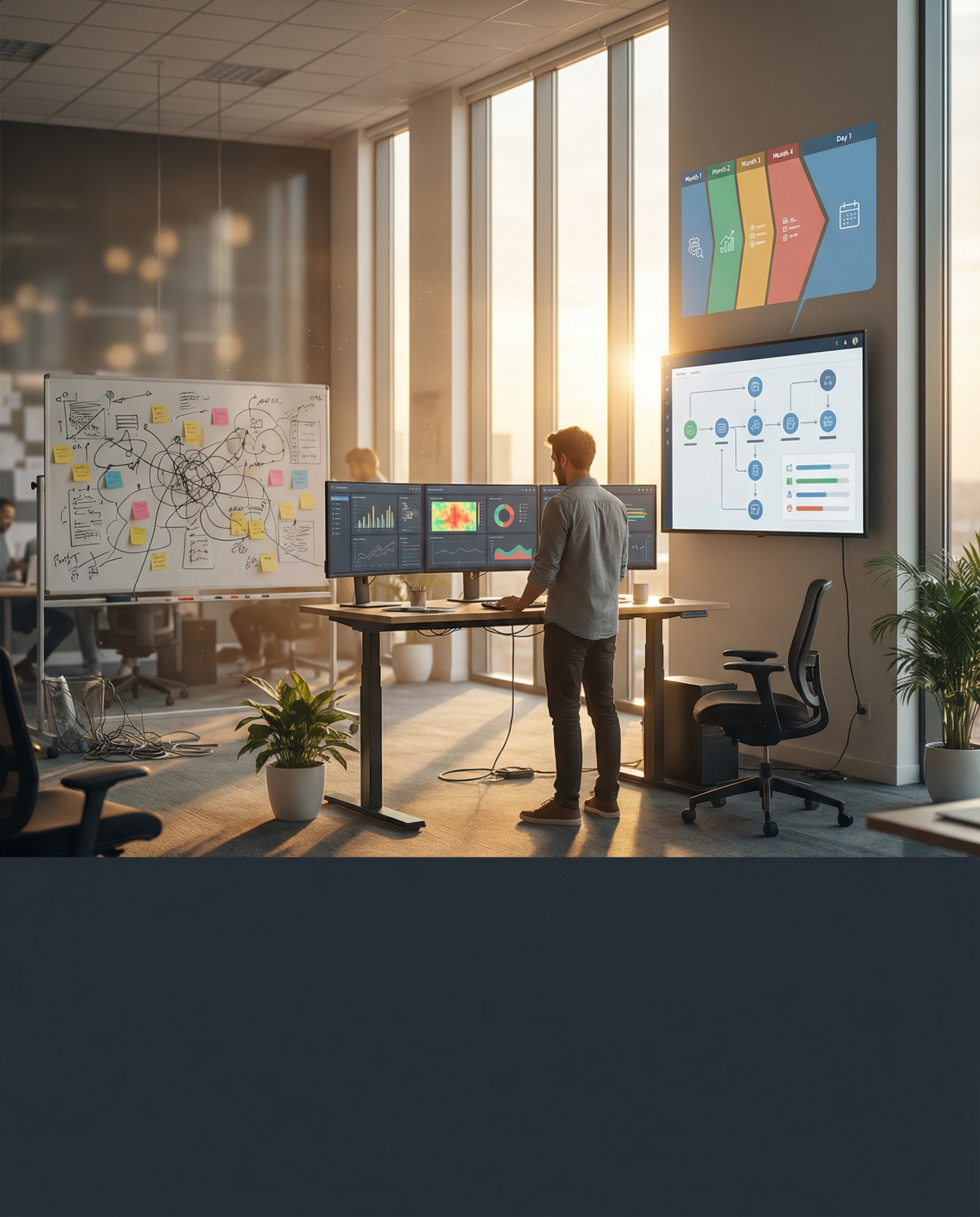 Photorealistic editorial photograph: wide shot of modern office war room with wall-sized timeline showing four months compressed into single day, developer at standing desk with three monitors display