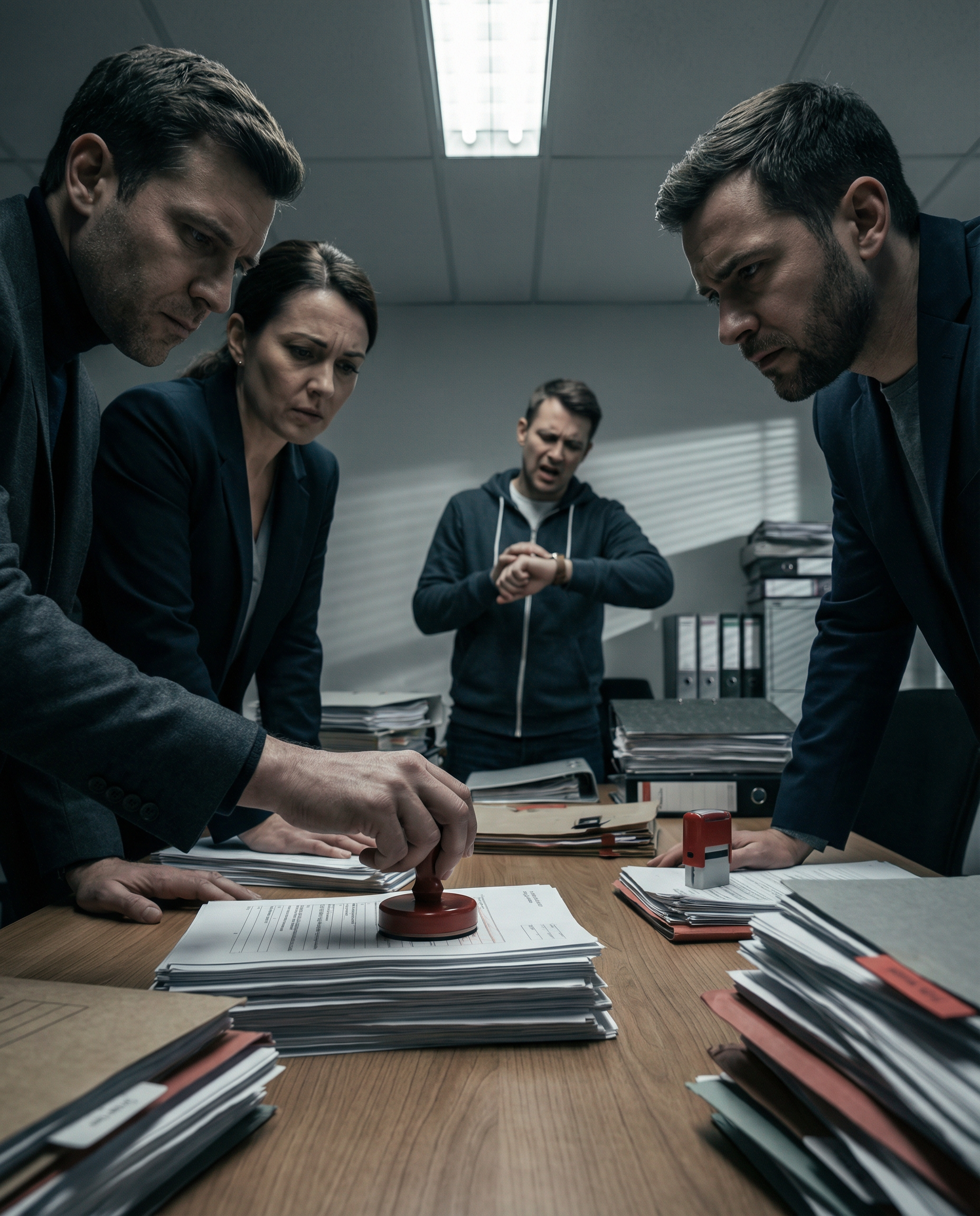 Photorealistic editorial photograph: tense close-up of compliance team huddled around conference table covered in red-stamped approval documents creating bottleneck, frustrated developer in background