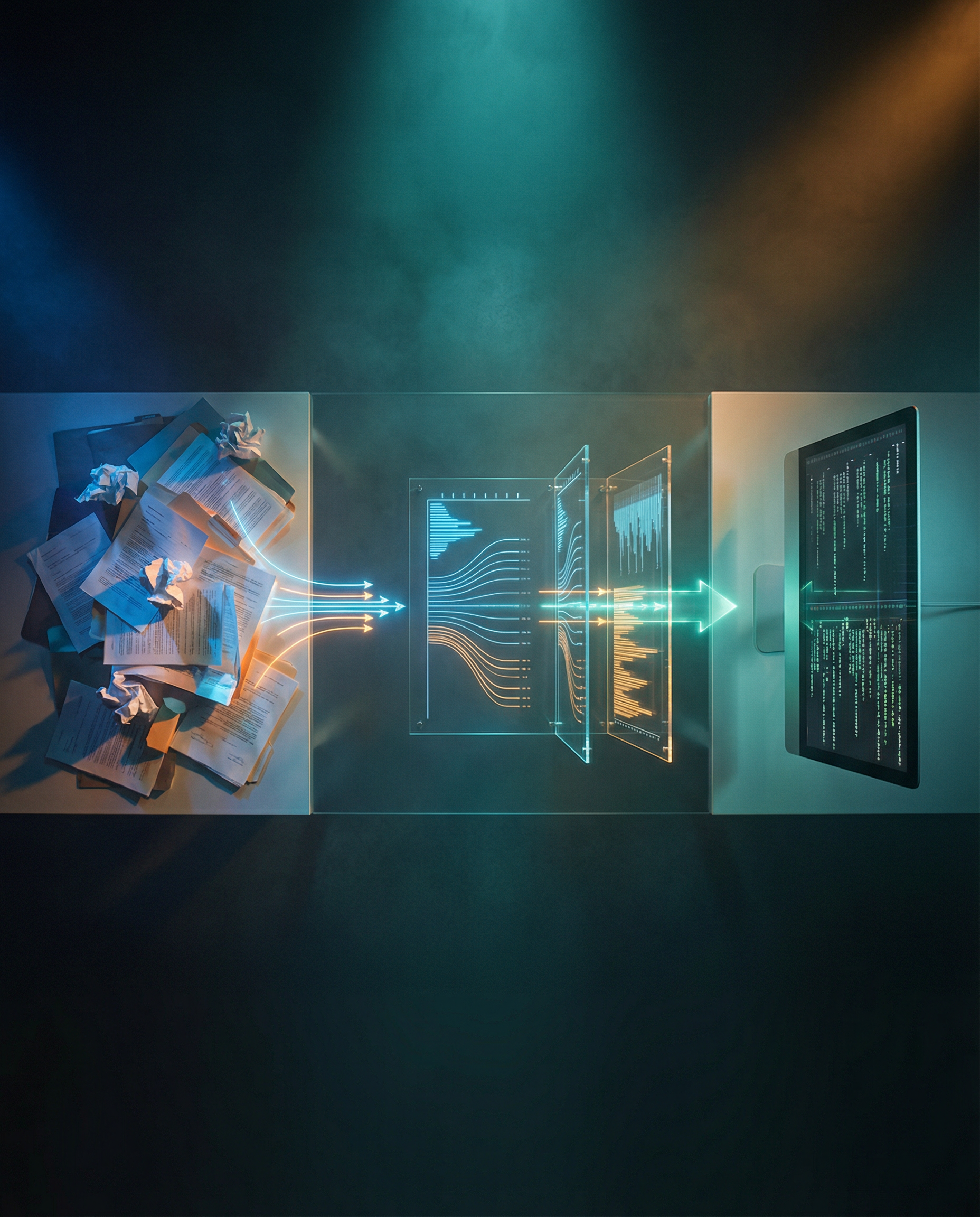 Photorealistic editorial photograph: dramatic three-stage visual sequence showing automated regulatory workflow, left section shows chaotic scattered legal papers, center shows sleek modern interface