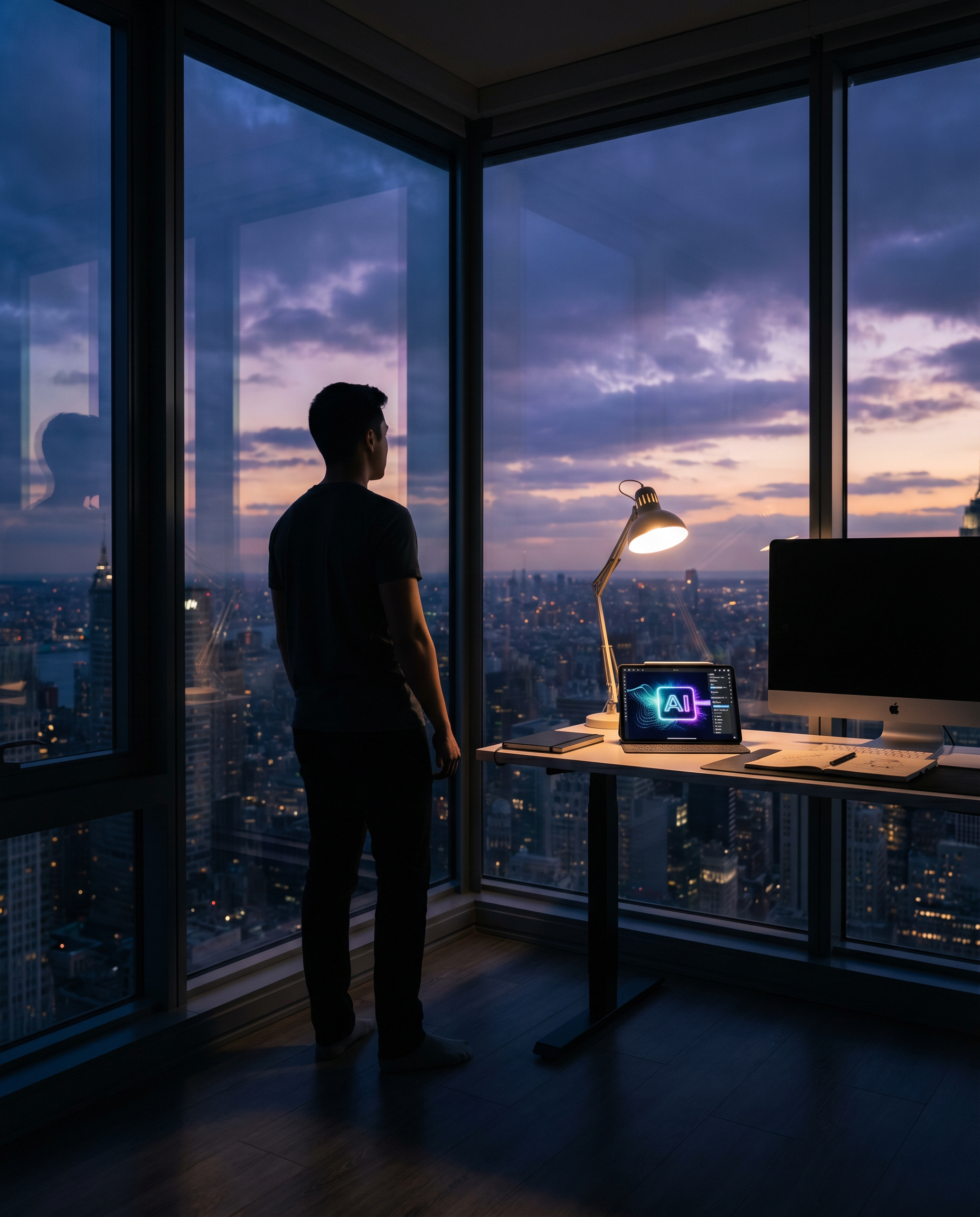 Photorealistic editorial photograph: contemplative wide shot of solo graphic designer standing at floor-to-ceiling window overlooking city at dusk, silhouetted against dramatic twilight sky with deep