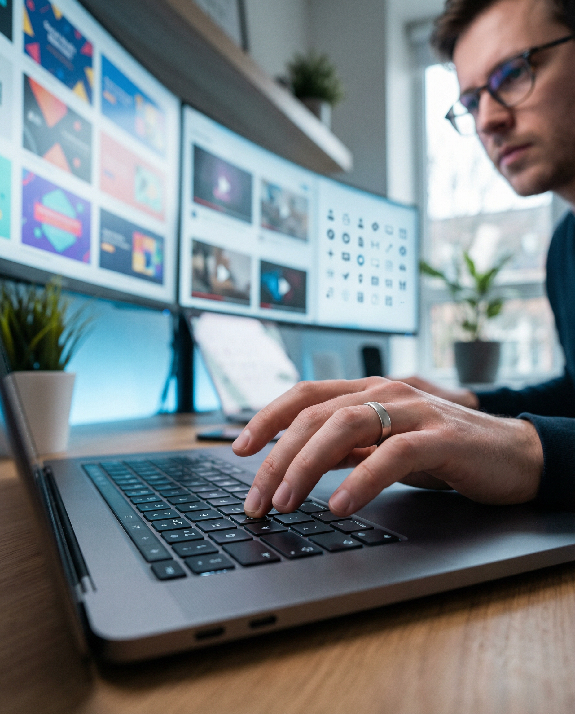 Photorealistic editorial photograph: close-up macro shot of designer's hands typing single command into sleek laptop interface while finished campaign assets appear on surrounding screens - social med
