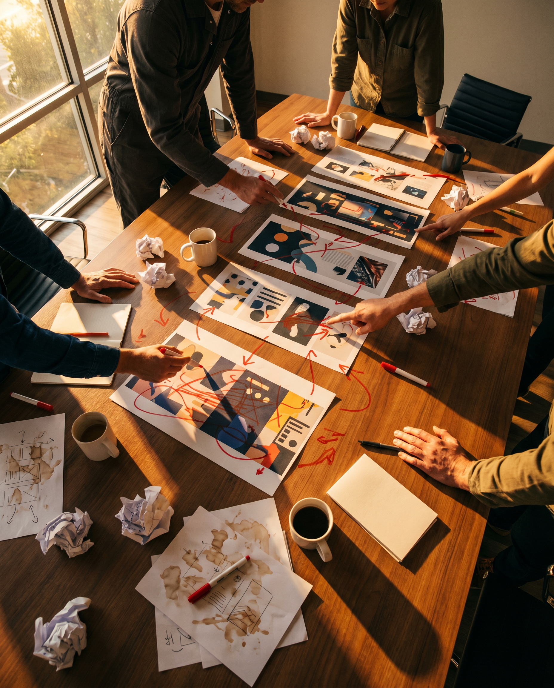 Photorealistic editorial photograph: dramatic overhead shot of creative team meeting room table covered in printed design iterations, red correction marks everywhere, hands pointing at different versi