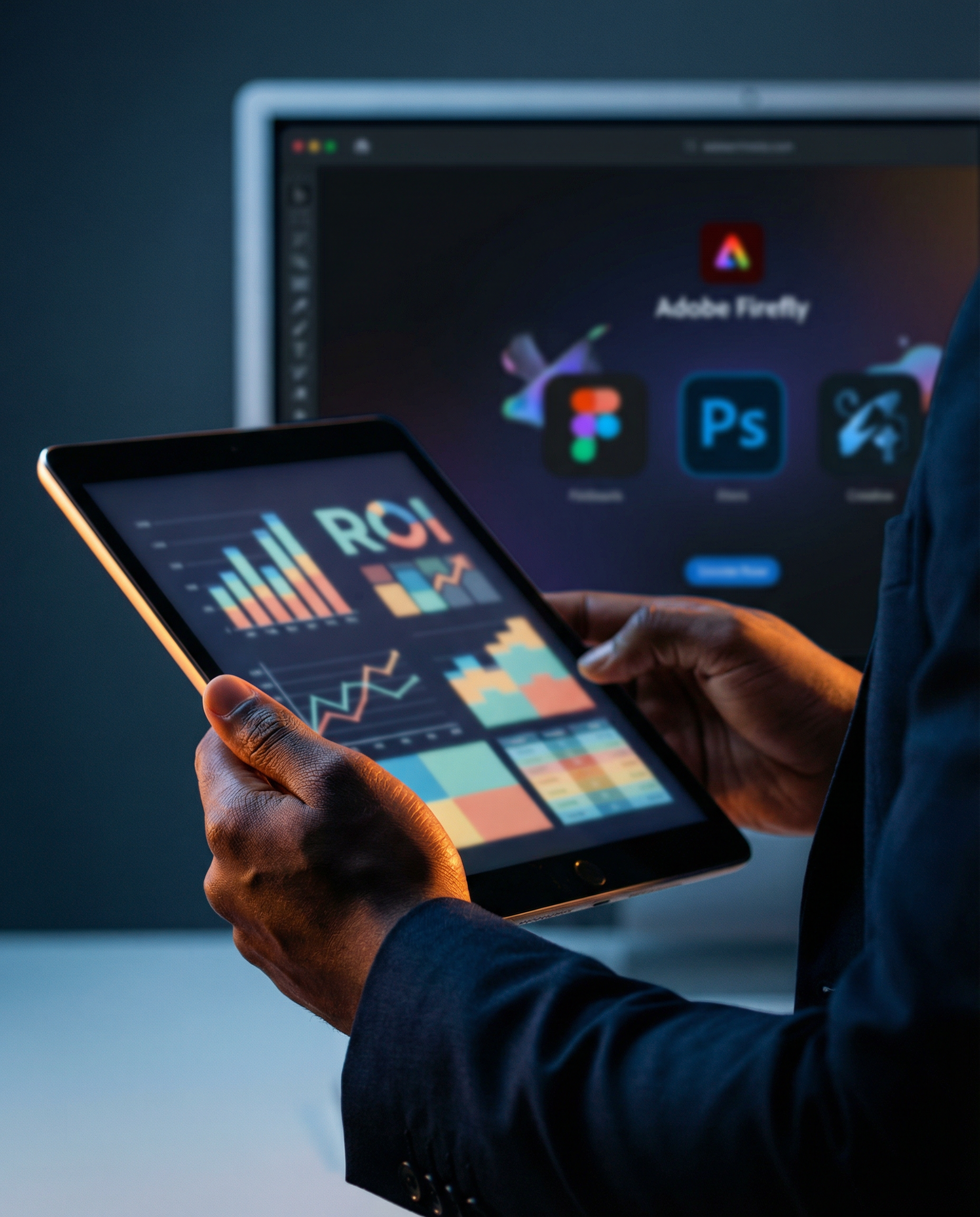 Photorealistic editorial photograph: intense close-up of marketing manager's hands holding tablet displaying ROI spreadsheet and analytics dashboard, second screen visible showing Adobe Firefly interf