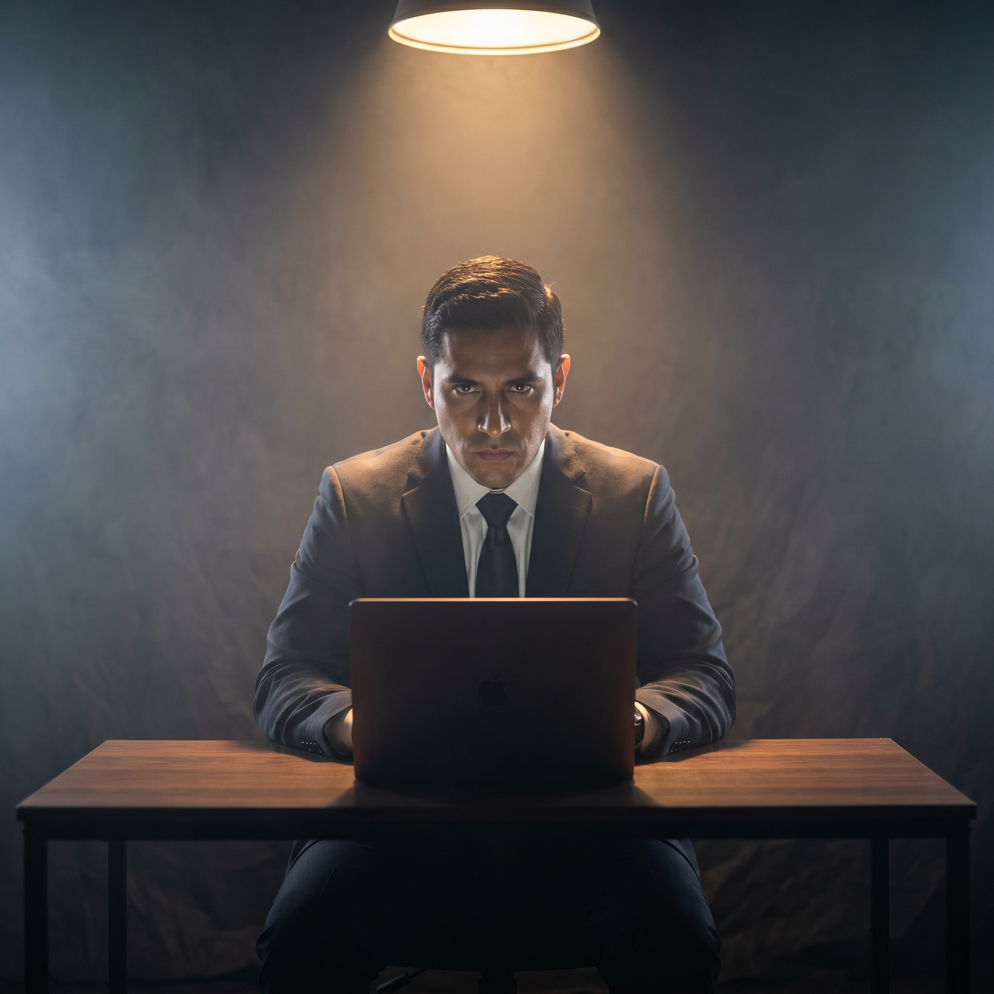 Photorealistic editorial magazine cover photograph: a sharp-dressed Latino professional man seated centered at a minimal desk, leaning forward with direct intense eye contact at camera, a single warm