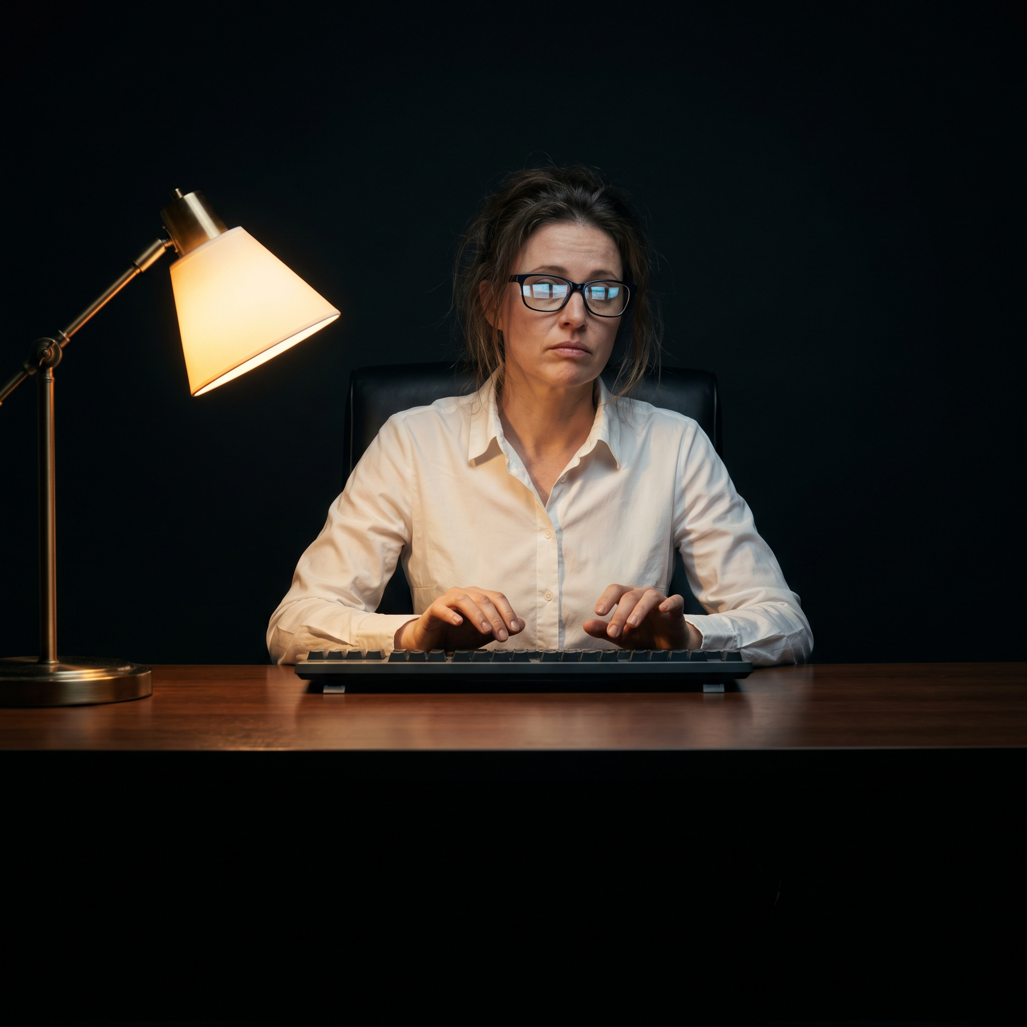 Photorealistic editorial magazine cover photograph: a lone professional woman in a crisp white shirt sits centered at a wide wooden desk, five open browser tabs reflected in her glasses, a single warm