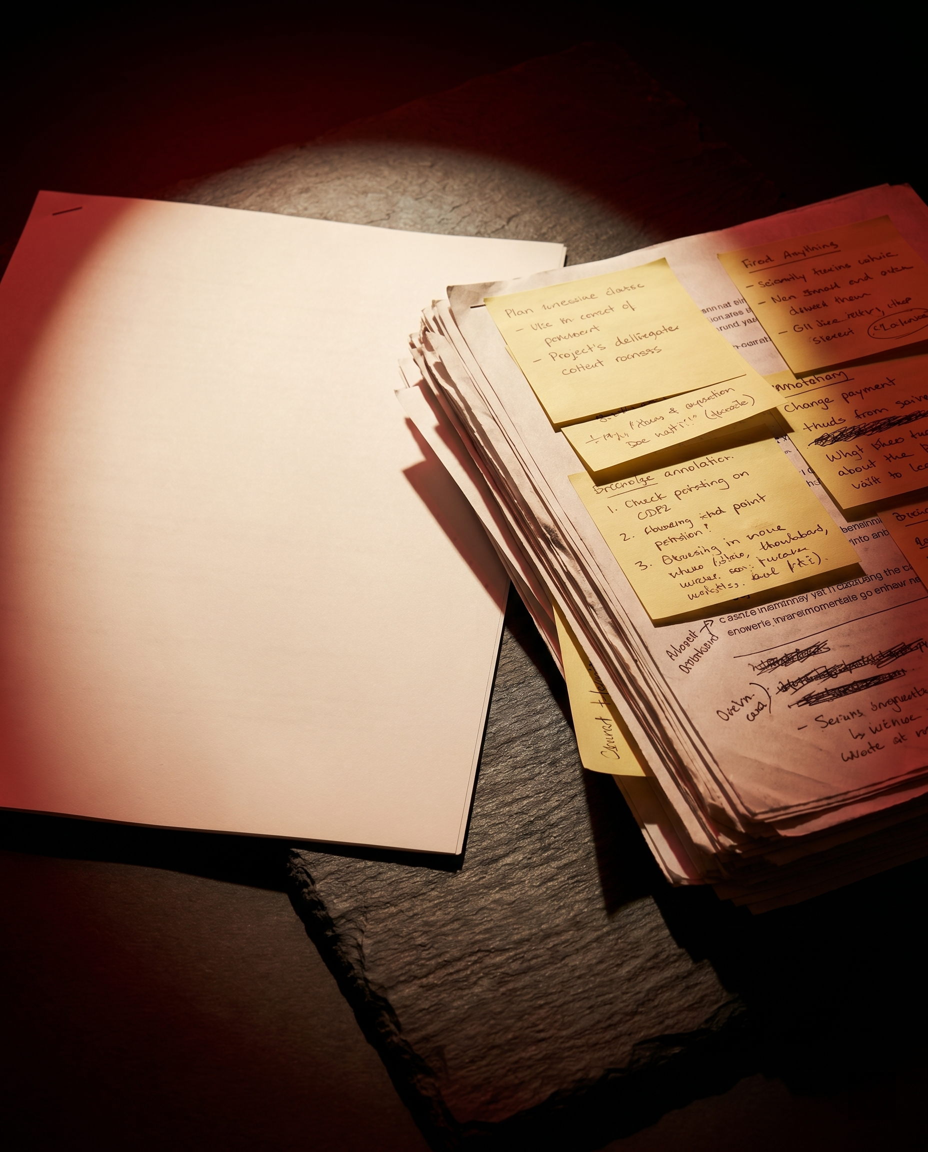 Photorealistic editorial photograph: dramatic tension shot of two printed content documents side by side on a dark slate surface under a focused spotlight — one visibly thin with wide margins symboliz