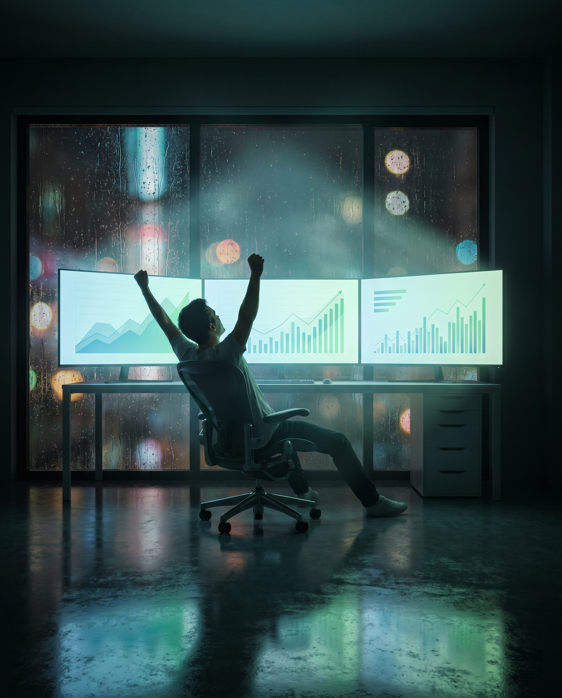 Photorealistic editorial photograph: wide establishing aftermath shot of a minimalist Japanese home office at night, a single freelancer leaning back in chair with arms raised in quiet celebration, th