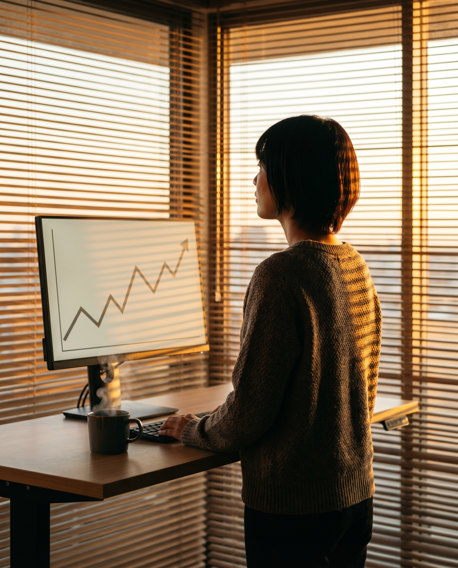 Photorealistic editorial photograph: over-the-shoulder human moment of a solo Japanese entrepreneur at a standing desk at 6am, golden-hour sunrise light slicing through floor-to-ceiling blinds casting