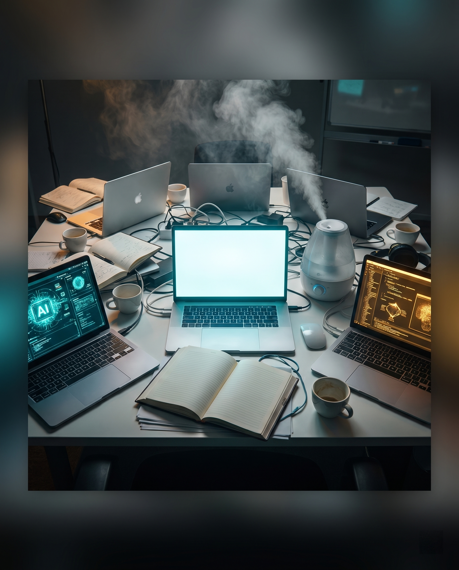 Photorealistic editorial photograph: low-angle wide shot of a cluttered desk battlefield — five different laptops open simultaneously each running a different AI tool interface, glowing screens castin