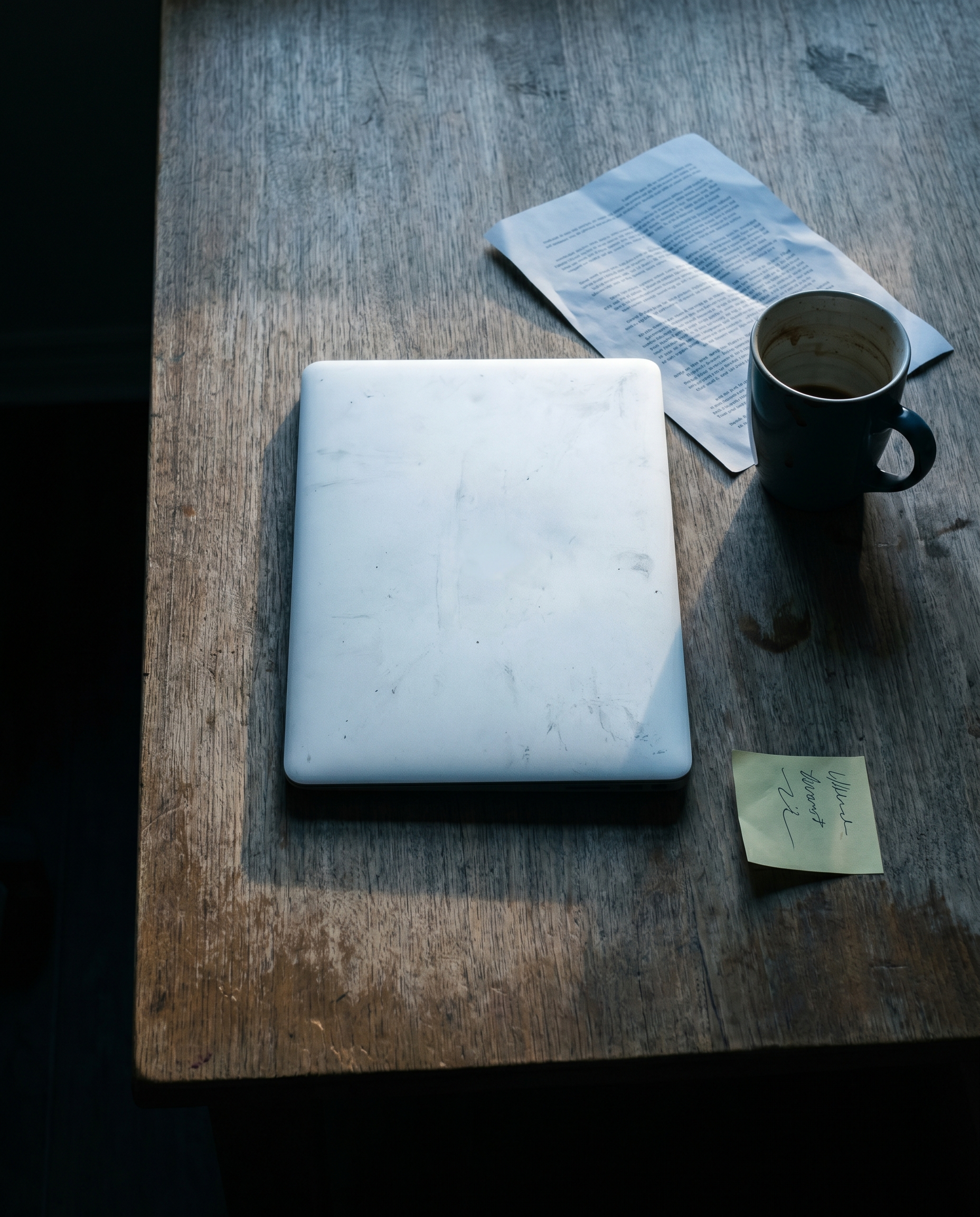 Photorealistic editorial photograph: aftermath overhead flat-lay of a cleared desk showing one surviving laptop, a single highlighted printed checklist face-down, an empty coffee mug, and a sticky not