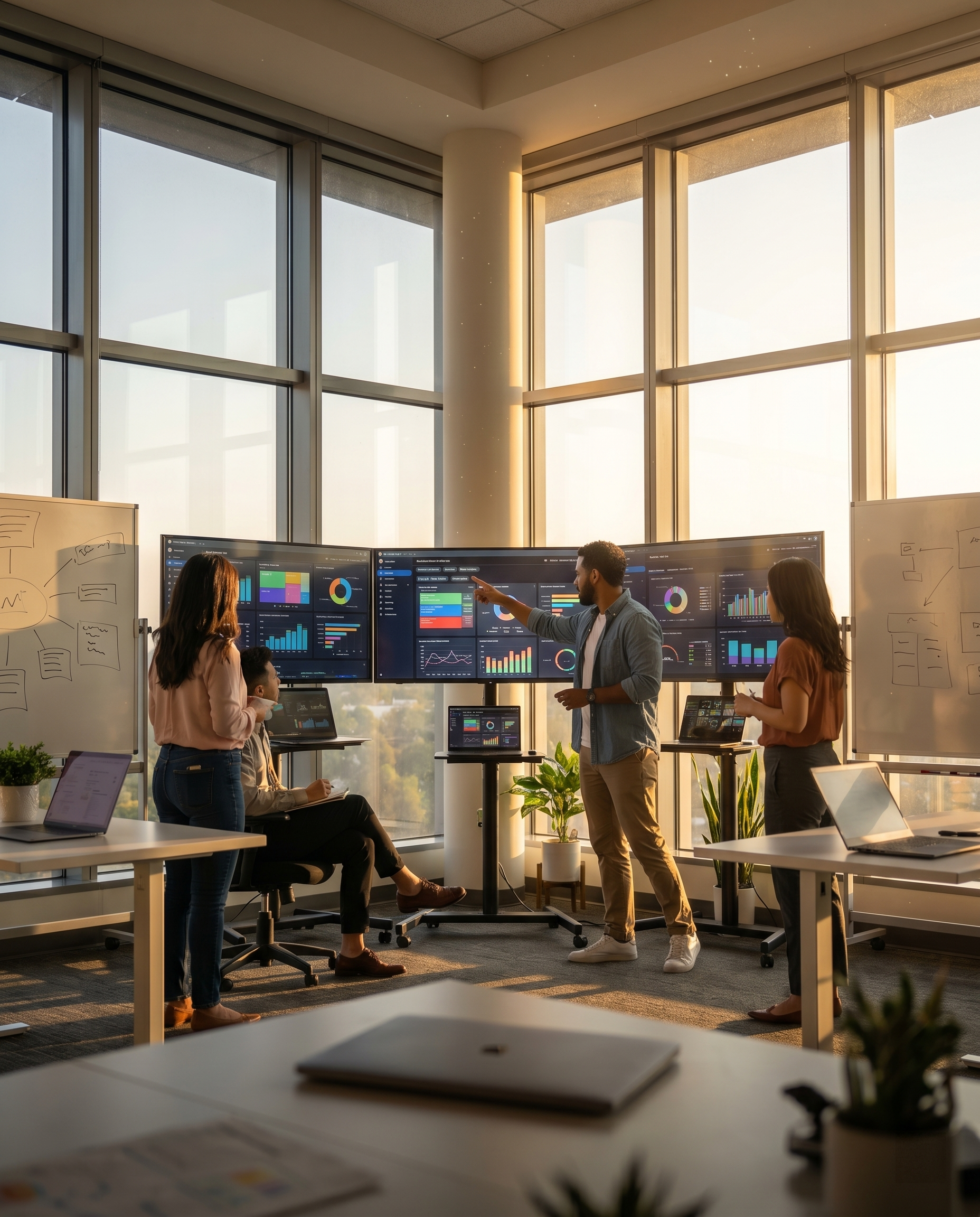 Photorealistic editorial photograph: wide establishing shot of a modern content team war room, three monitors arranged in arc displaying colorful analytics dashboards, one team member pointing at a ce