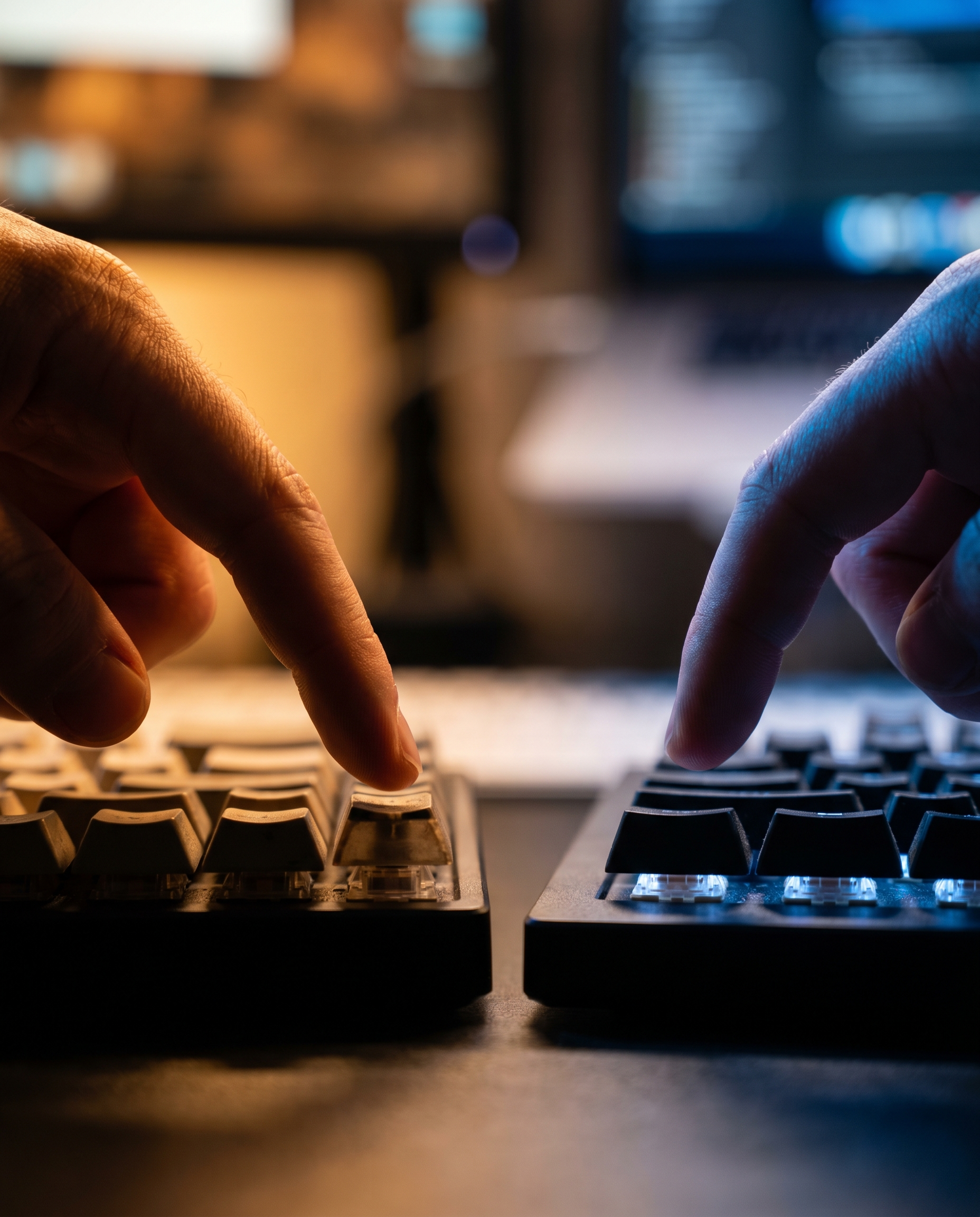 Photorealistic editorial photograph: extreme close-up of two hands each hovering one finger over separate keyboards on adjacent desks, tension frozen mid-decision, dramatic directional studio lighting