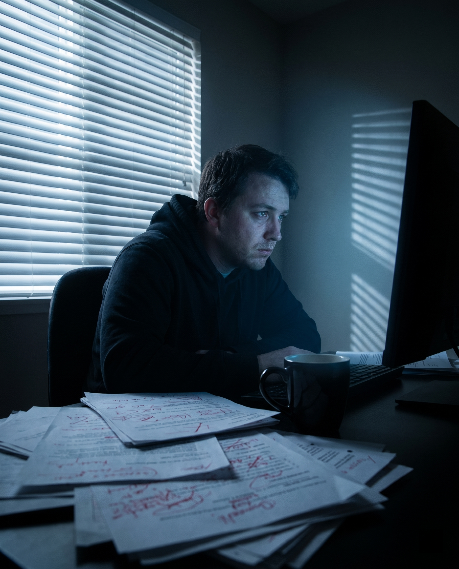 Photorealistic editorial photograph: frustrated content strategist at 2am, face half-lit by cold monitor glow, surrounded by printed pages marked with red pen edits, volumetric light cutting through w