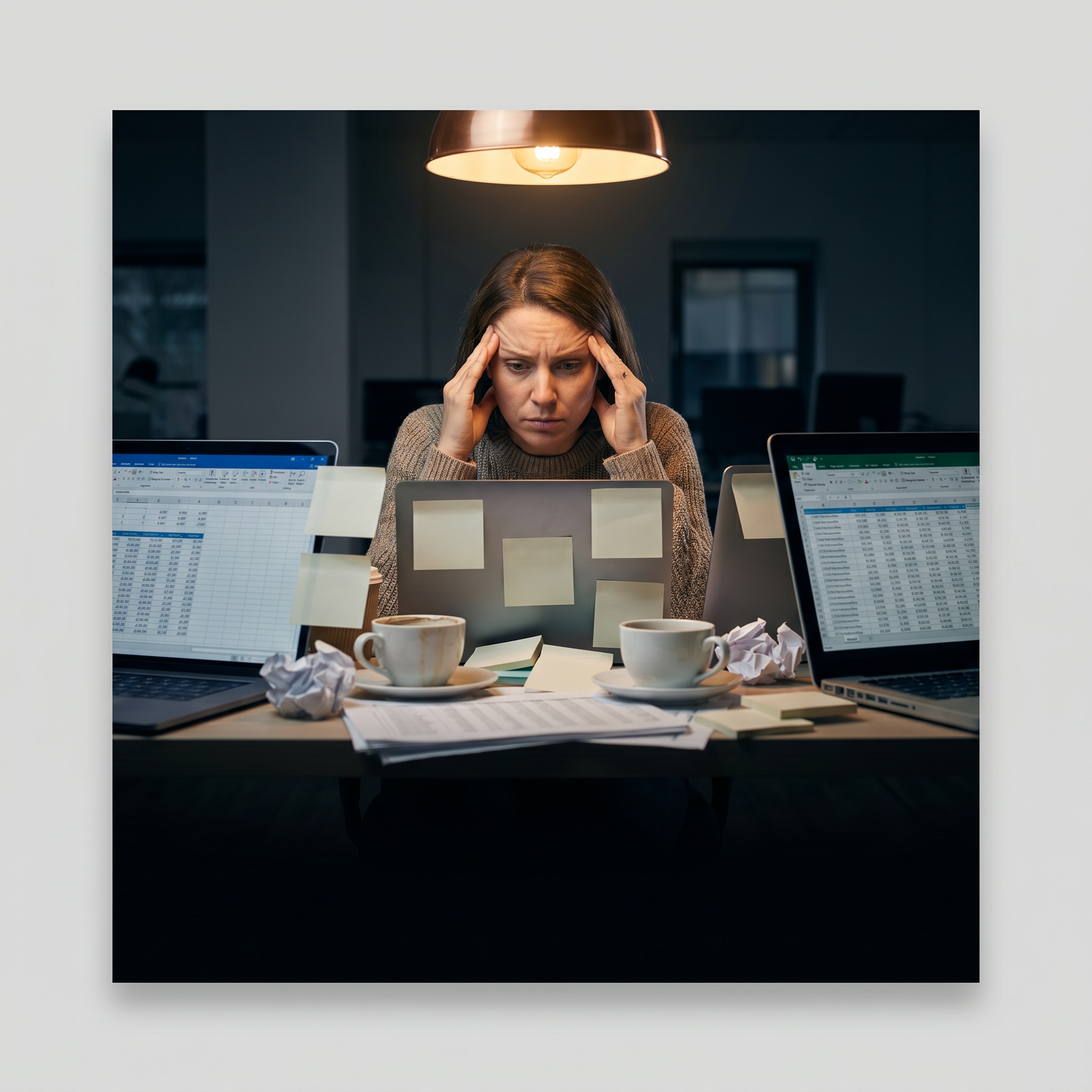 Photorealistic editorial magazine cover photograph: a female content marketer in her late 30s sits centered at a cluttered desk — three open laptops, scattered spreadsheets, sticky notes, two coffee c