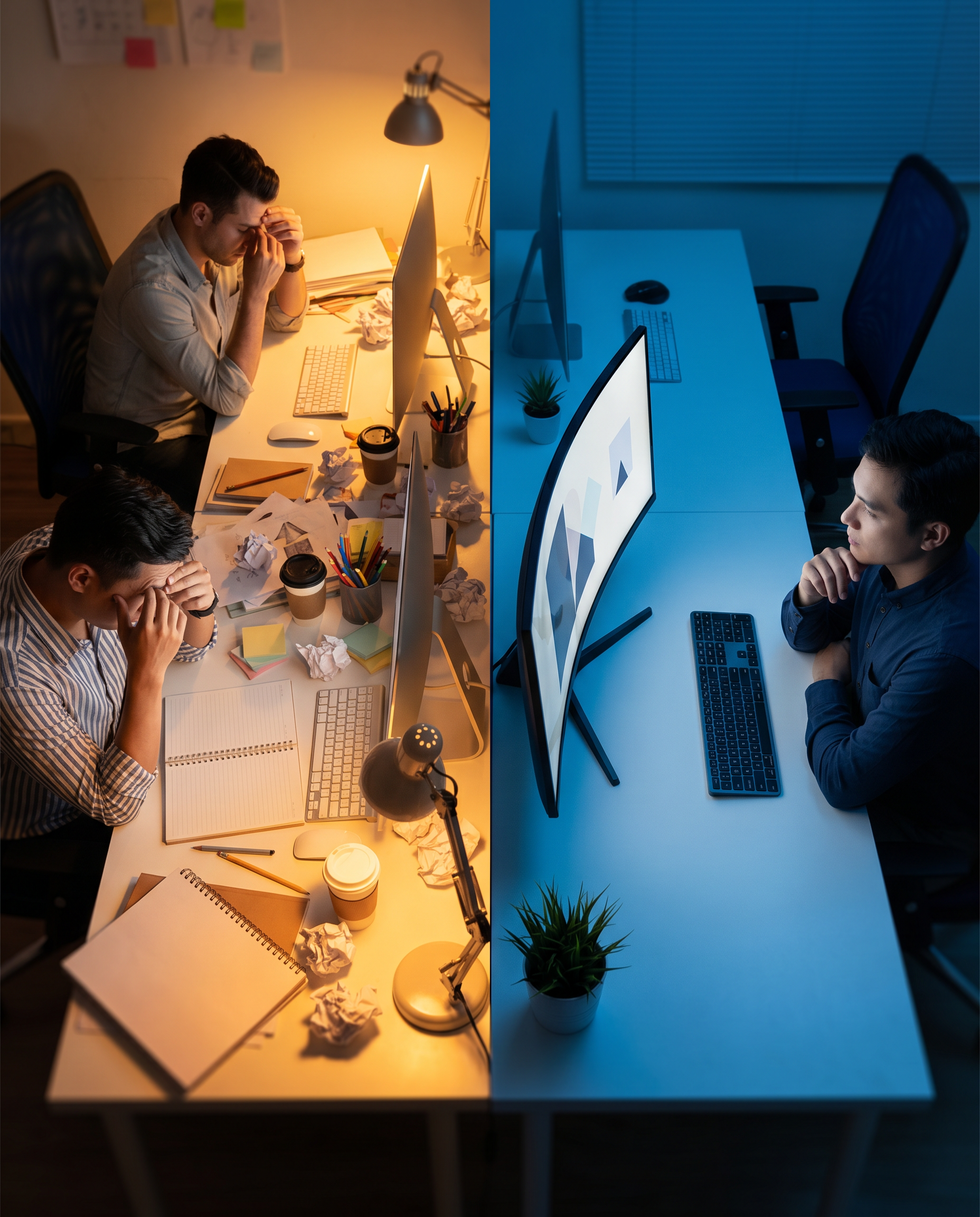 Photorealistic editorial photograph: split-screen style composition showing contrasting workspace scenarios, left side shows creative team manually designing social posts with stress and clutter, righ