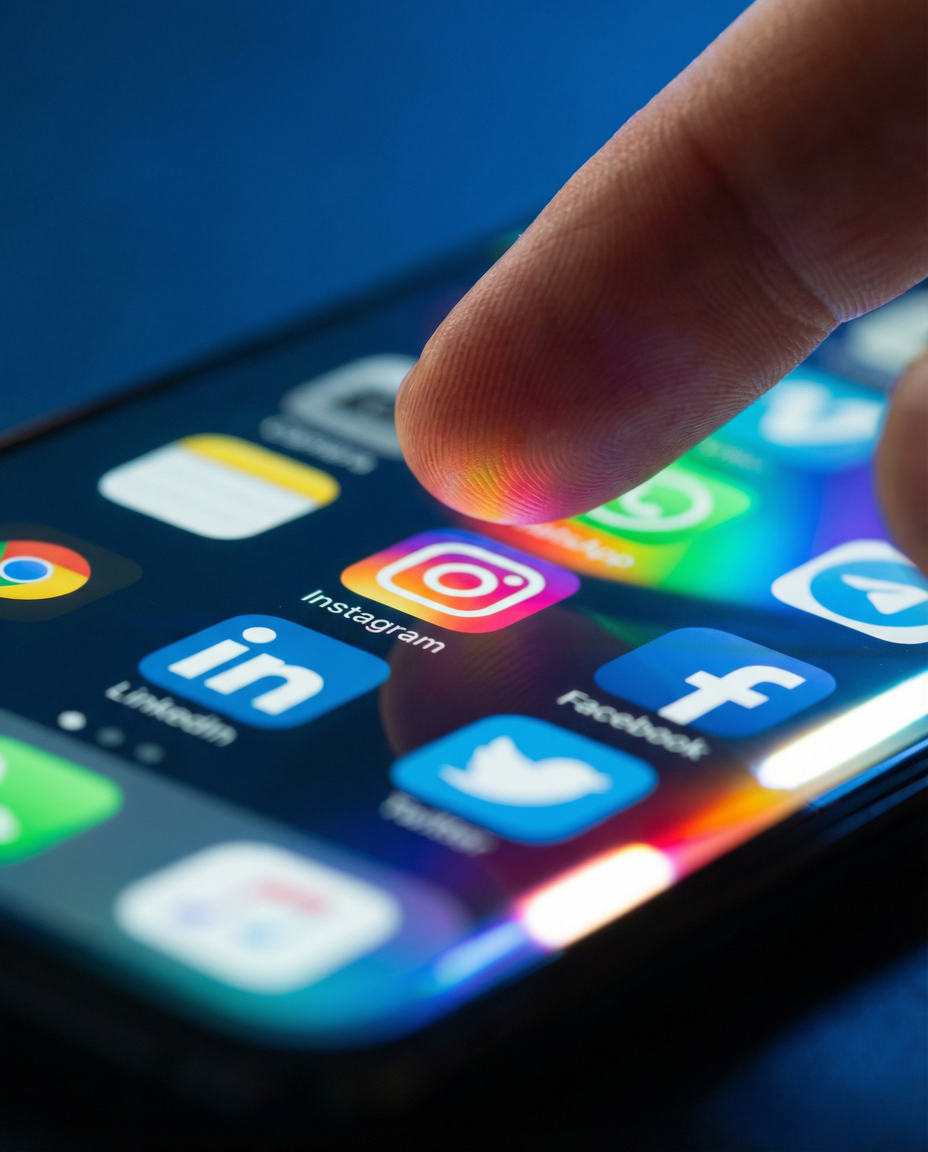 Photorealistic editorial photograph: extreme close-up macro shot of smartphone screen displaying multiple social media apps simultaneously, hand holding phone with finger hovering over Instagram icon,
