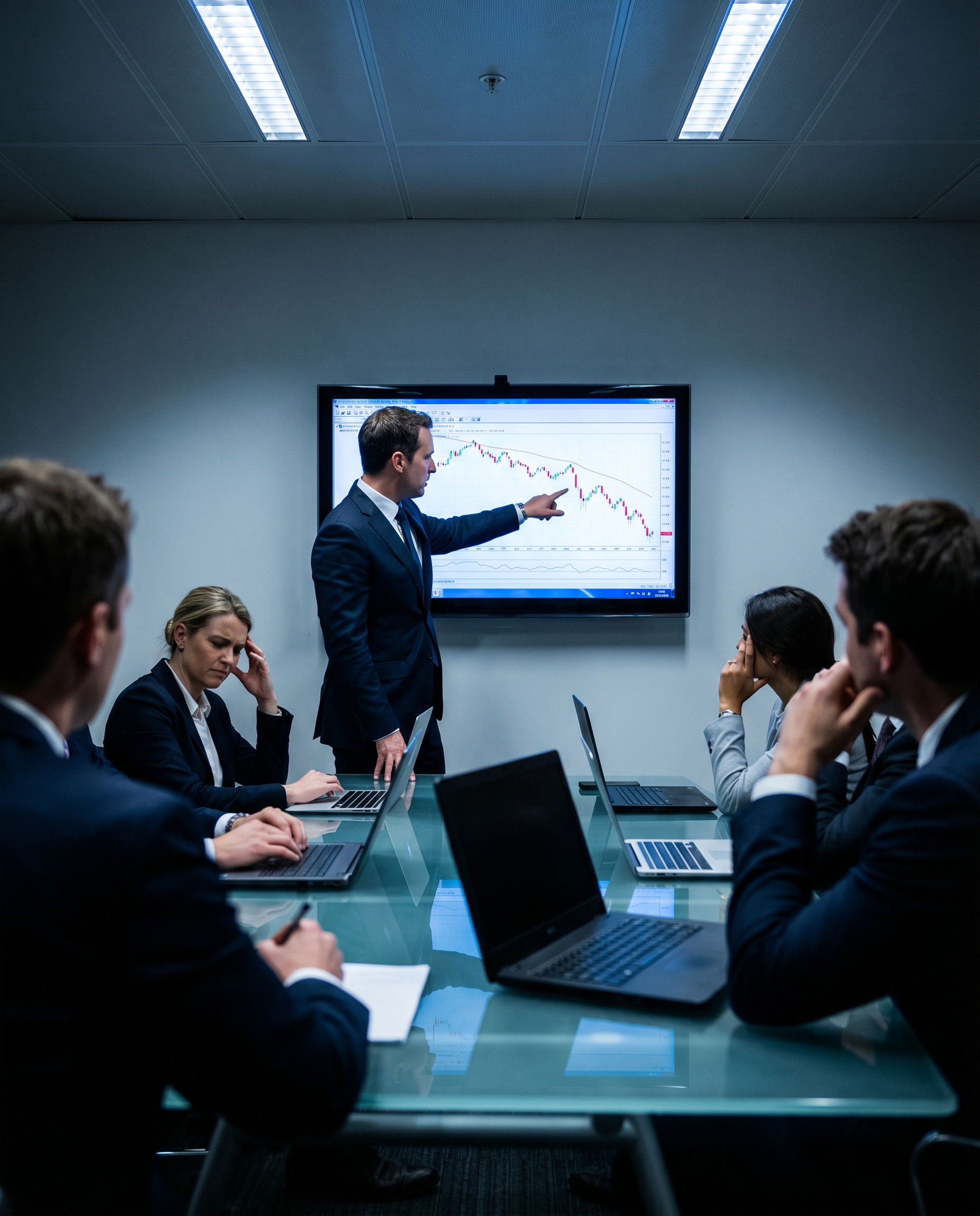 Photorealistic editorial photograph: tense corporate boardroom scene, CFO in sharp suit standing at head of glass table pointing at financial dashboard on large monitor showing declining AI tool budge