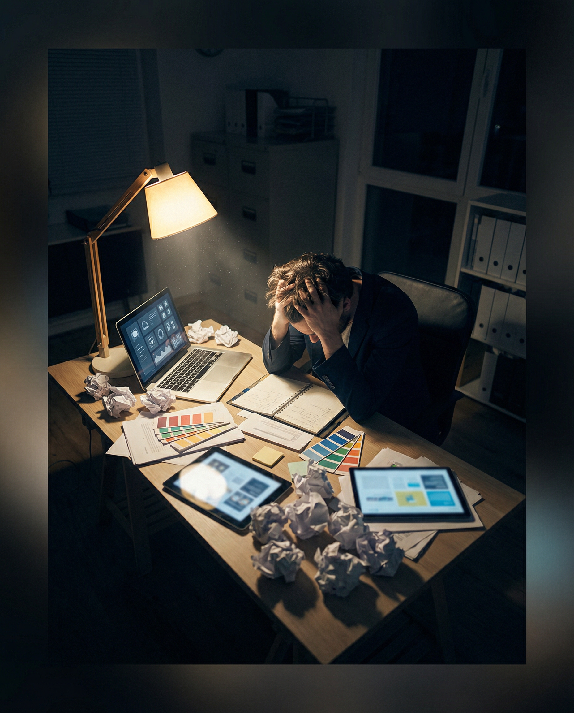 Photorealistic editorial photograph: wide establishing shot of overwhelmed marketing manager surrounded by scattered brand guidelines, color swatches, and printed social media templates covering entir