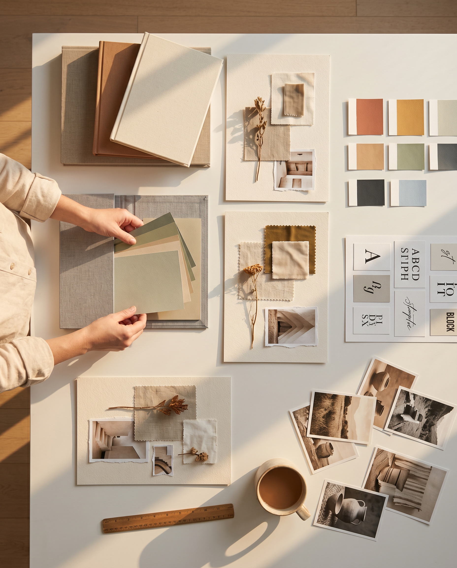 Photorealistic editorial photograph: overhead flat lay of organized creative workspace showing printed mood boards, brand color swatches, typography samples, and reference images spread across white d