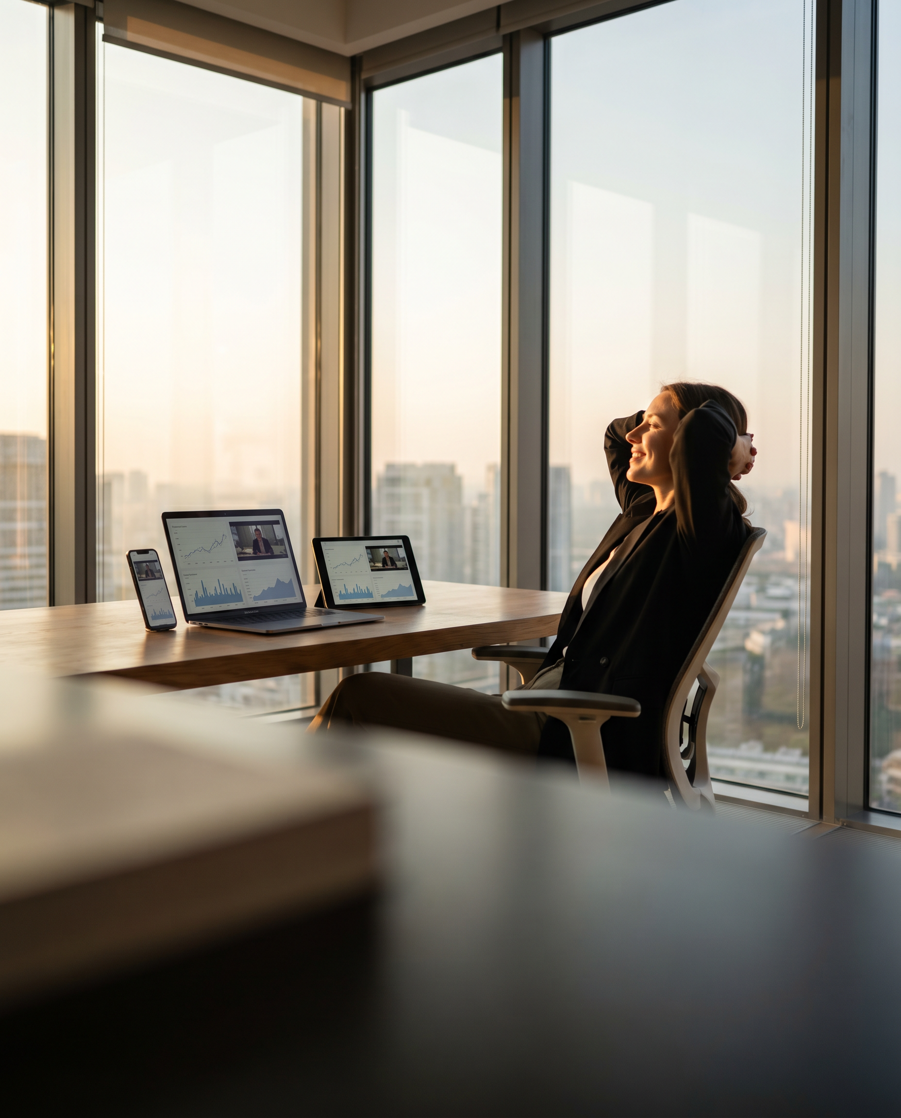 Photorealistic editorial photograph: wide establishing shot of solo entrepreneur in modern minimalist office, multiple devices arranged showing synchronized content across platforms, person leaning ba