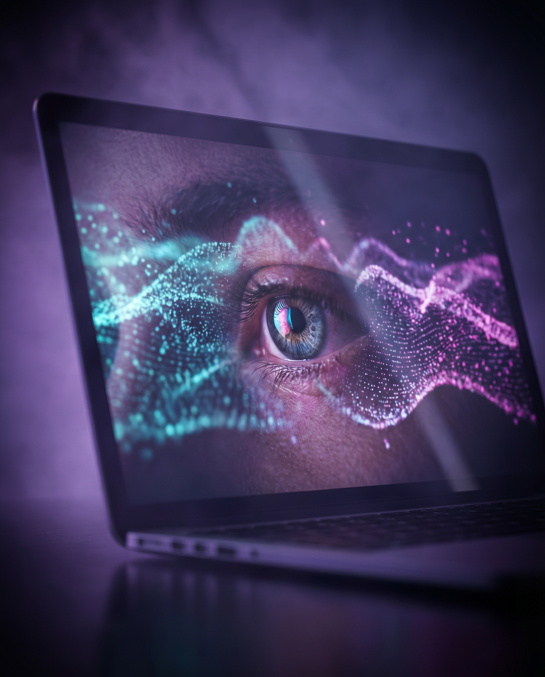 Photorealistic editorial photograph: extreme close-up of laptop screen displaying audience demographic visualization as flowing particle streams in cyan and magenta, human eye reflected in screen surf