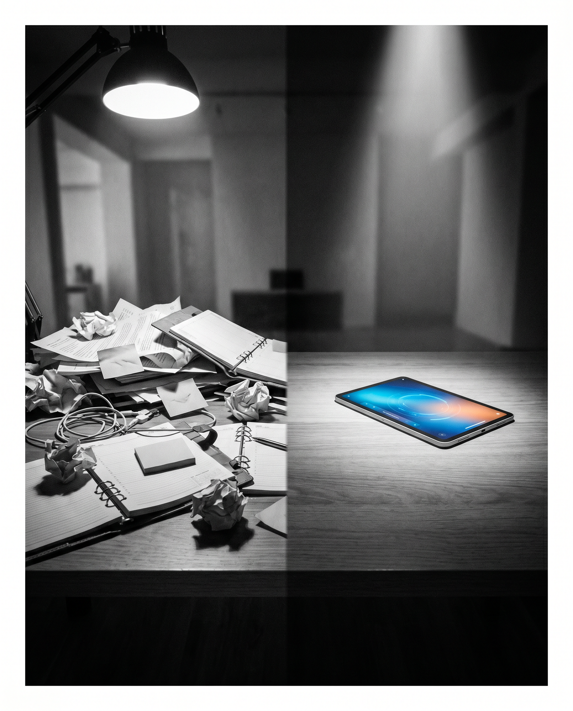 Photorealistic editorial photograph: split-screen workspace showing before-after tension, left side cluttered with printed calendars and sticky notes in chaos, right side minimalist desk with single s