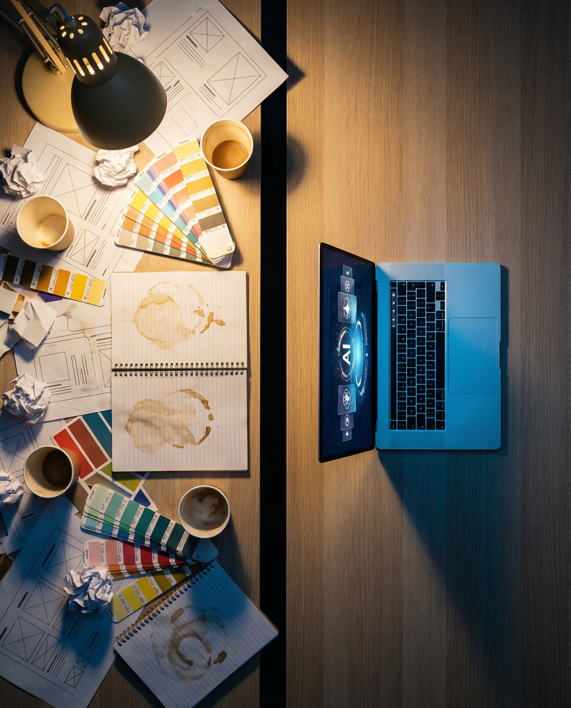 Photorealistic editorial photograph: split-screen workspace showing chaotic left side with scattered design template printouts, color swatches, and coffee-stained notebooks versus clean right side wit