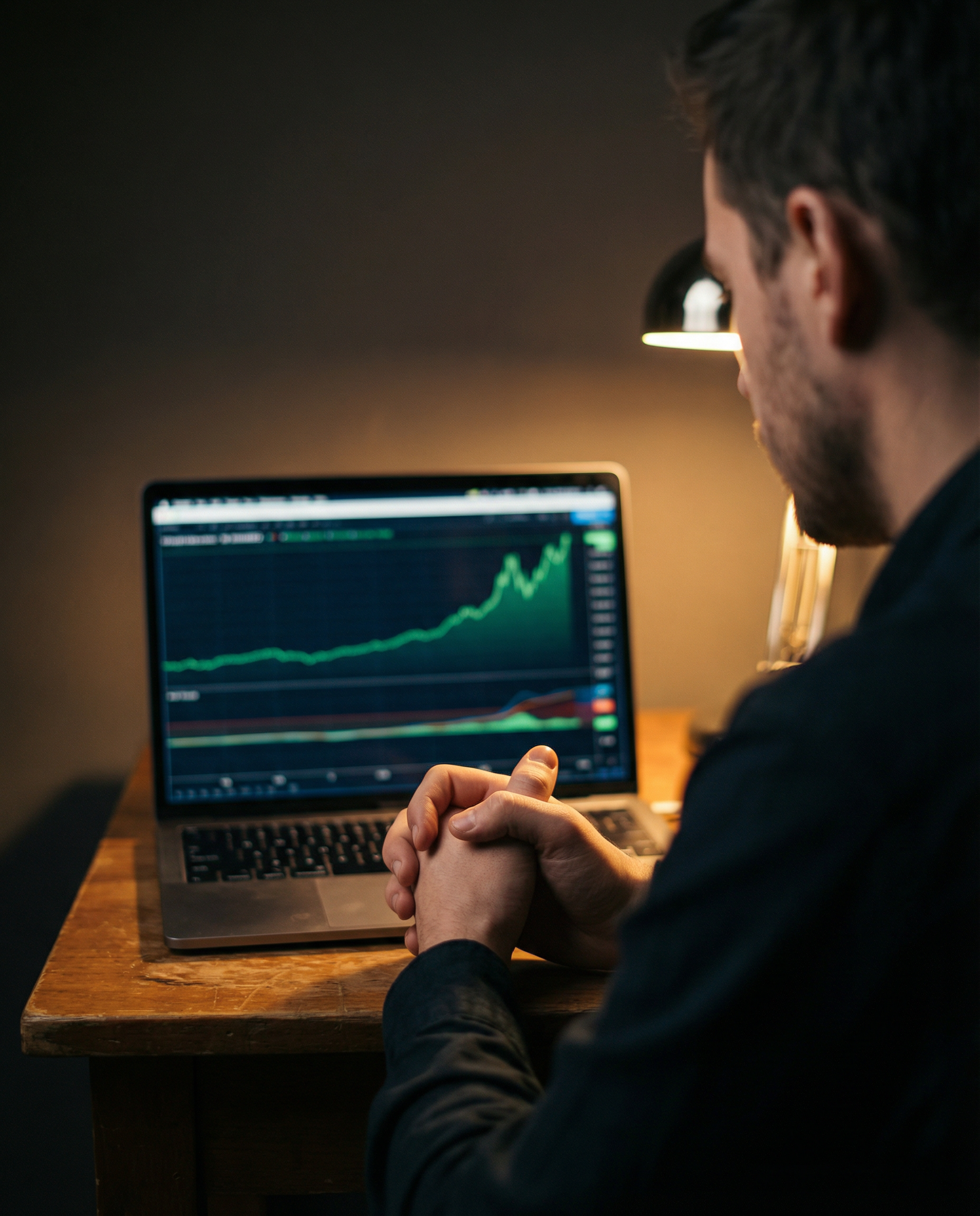 Photorealistic editorial photograph: tight over-the-shoulder shot of content marketer reviewing analytics dashboard on laptop screen, green upward-trending engagement graphs contrasted against previou