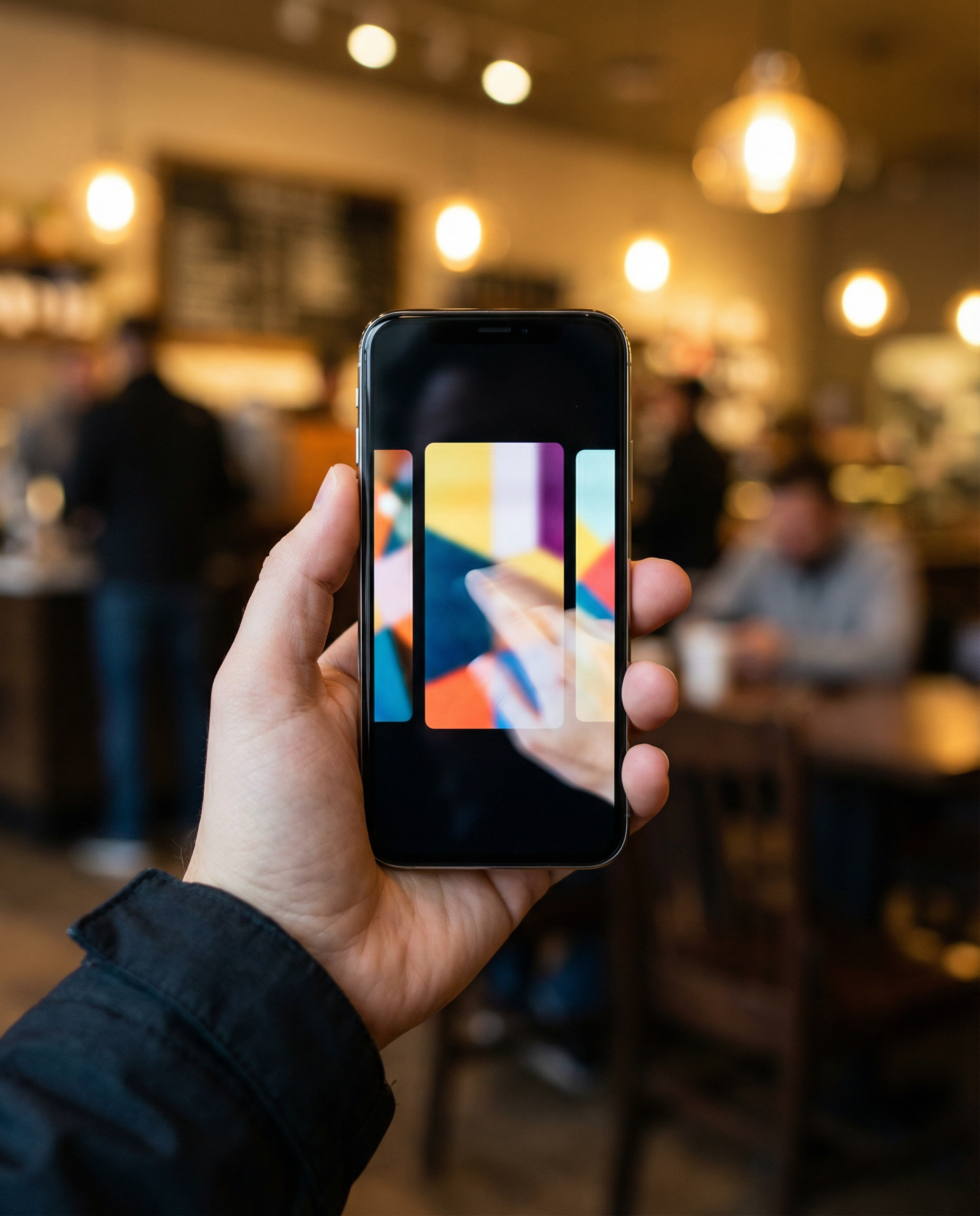 Photorealistic editorial photograph: dramatic low-angle close-up of smartphone held vertically in professional hand, screen displaying LinkedIn carousel post with visible swipe gesture motion blur, ba