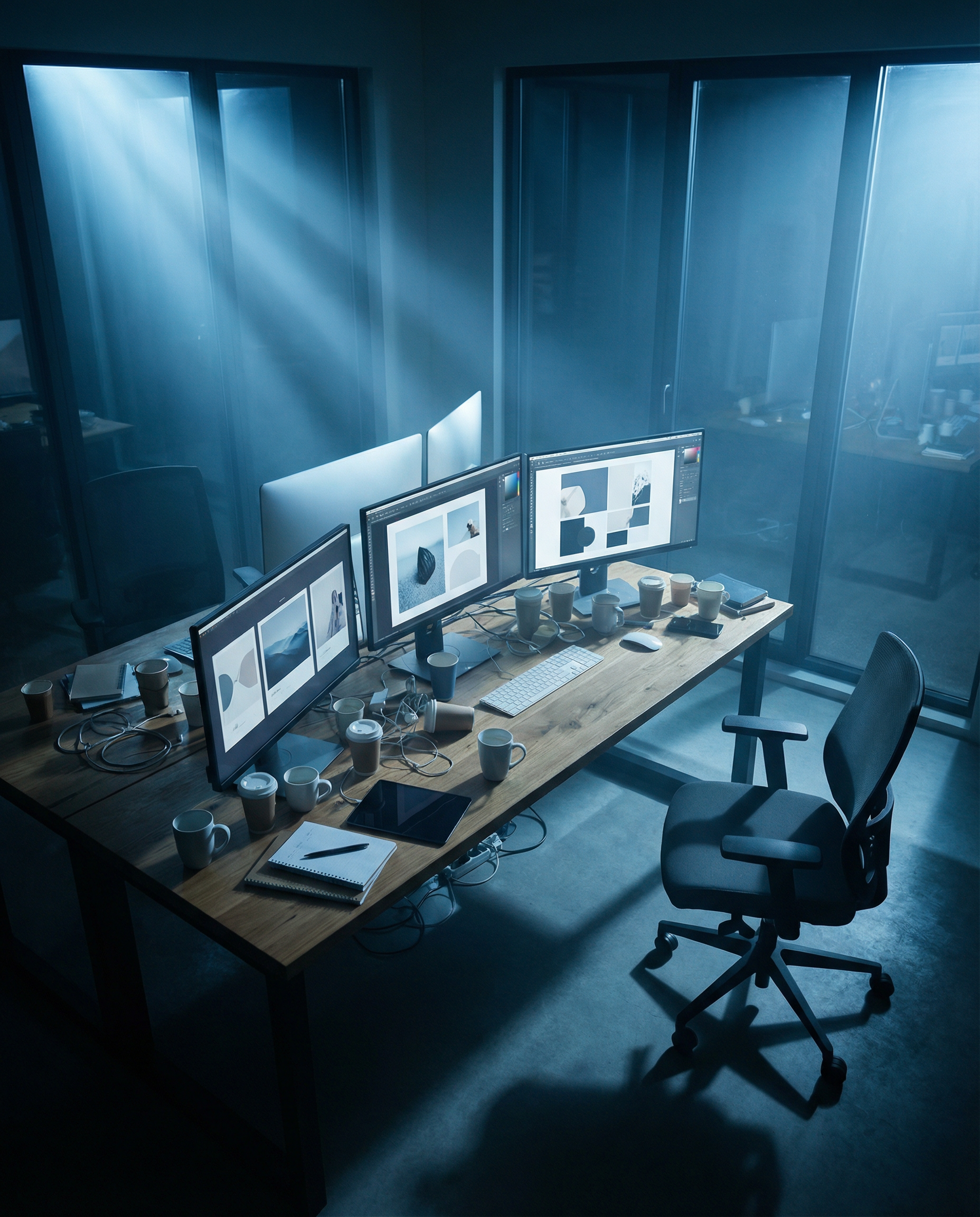 Photorealistic editorial photograph: wide establishing shot of modern content studio at 6am, multiple monitors displaying carousel layouts in various stages of completion, empty coffee cups scattered