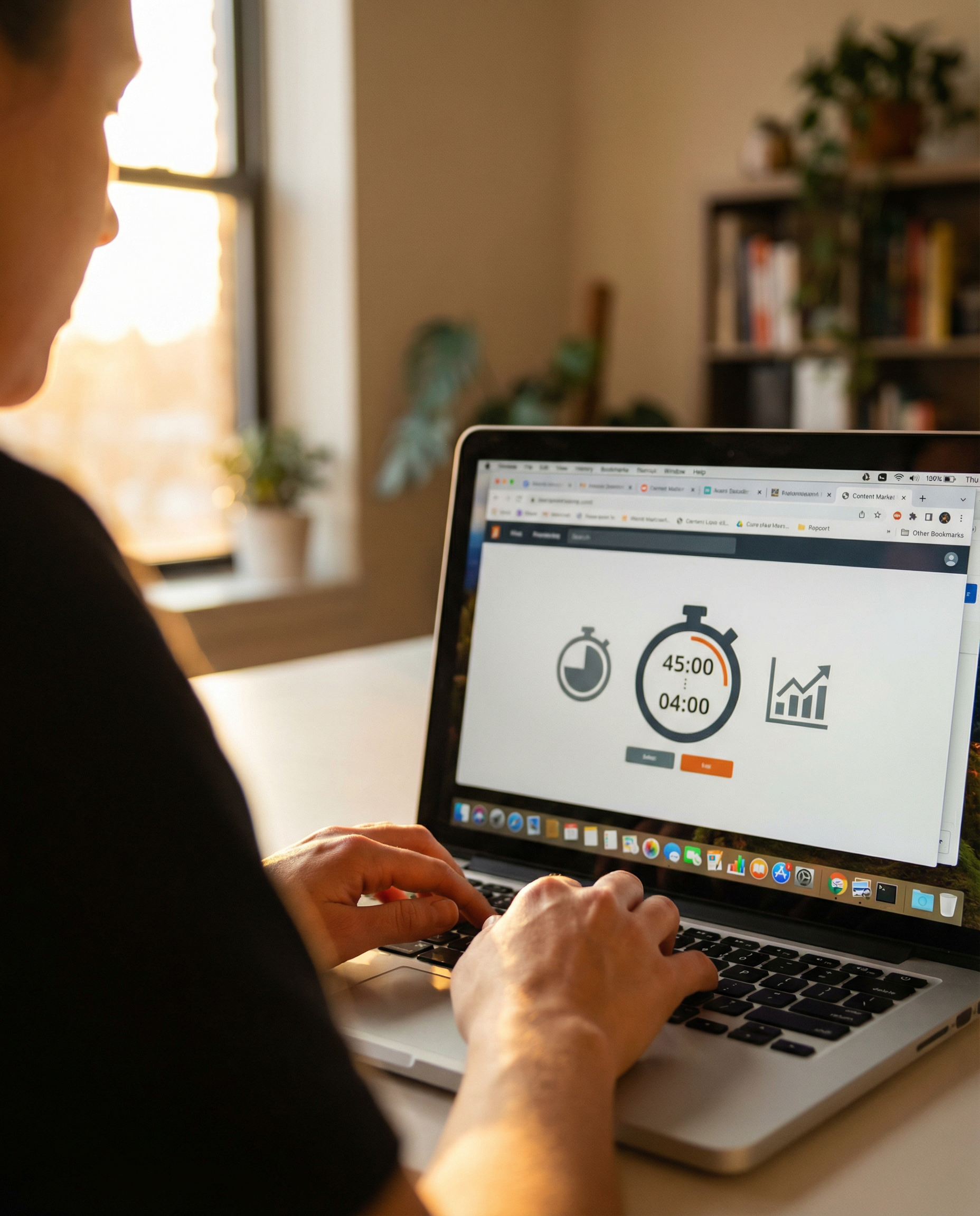 Photorealistic editorial photograph: tight over-the-shoulder shot of content marketer's hands hovering over keyboard, multiple browser tabs visible showing carousel creation timeline dropping from 45