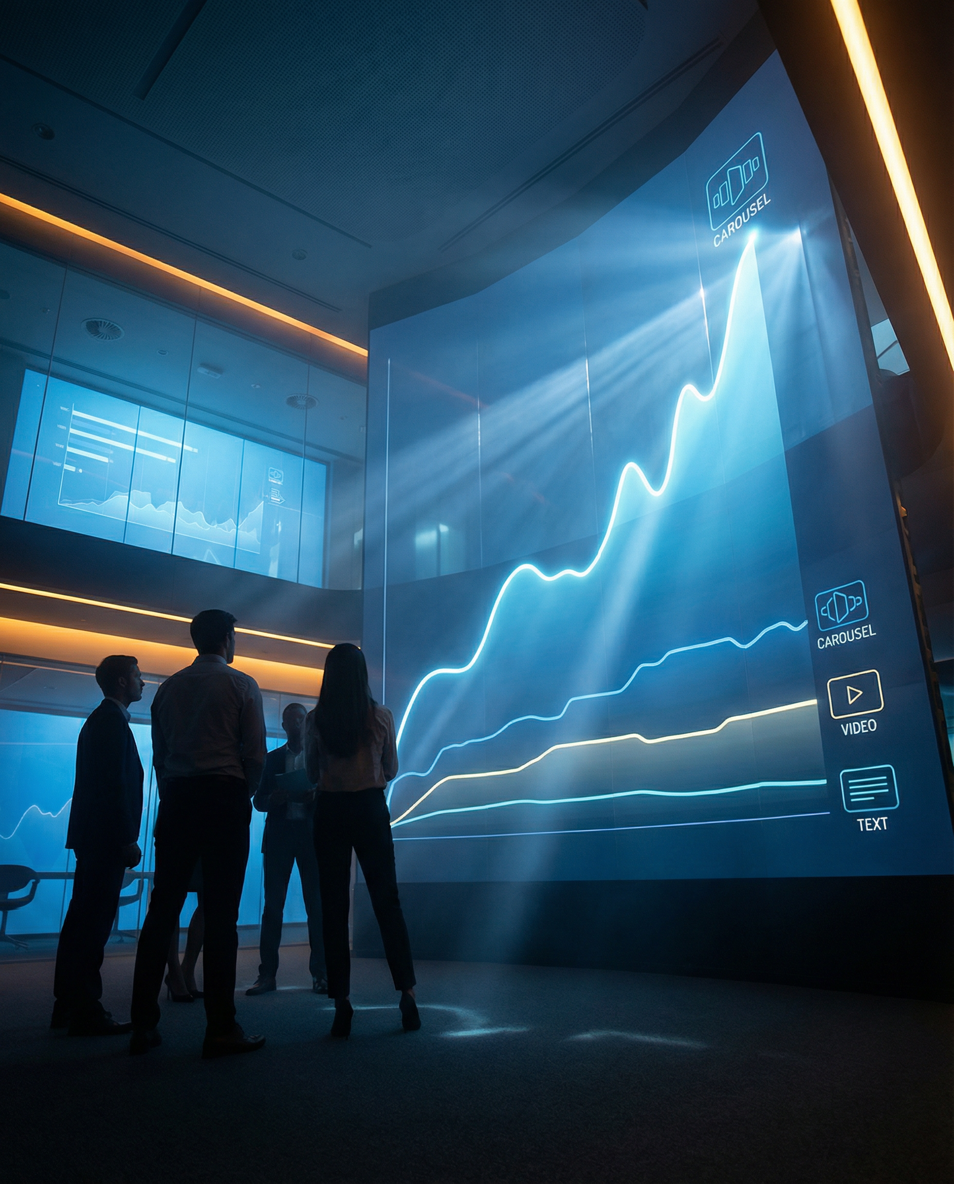 Photorealistic editorial photograph: wide establishing shot of modern office analytics wall displaying massive engagement rate graphs, carousel content format line surging upward while video and text