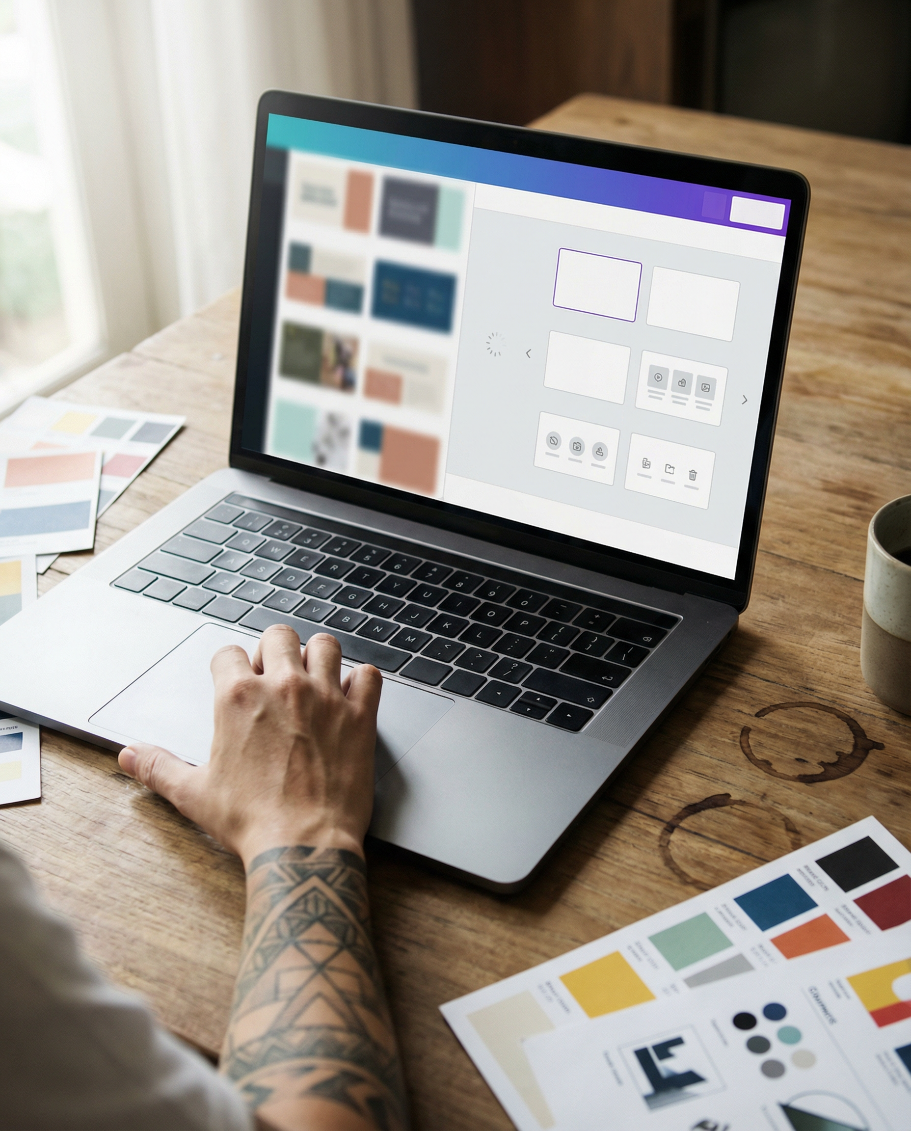 Photorealistic editorial photograph: split-screen lifestyle moment showing laptop displaying AI carousel generator interface transforming blog text into visual slides in real-time, shot from directly