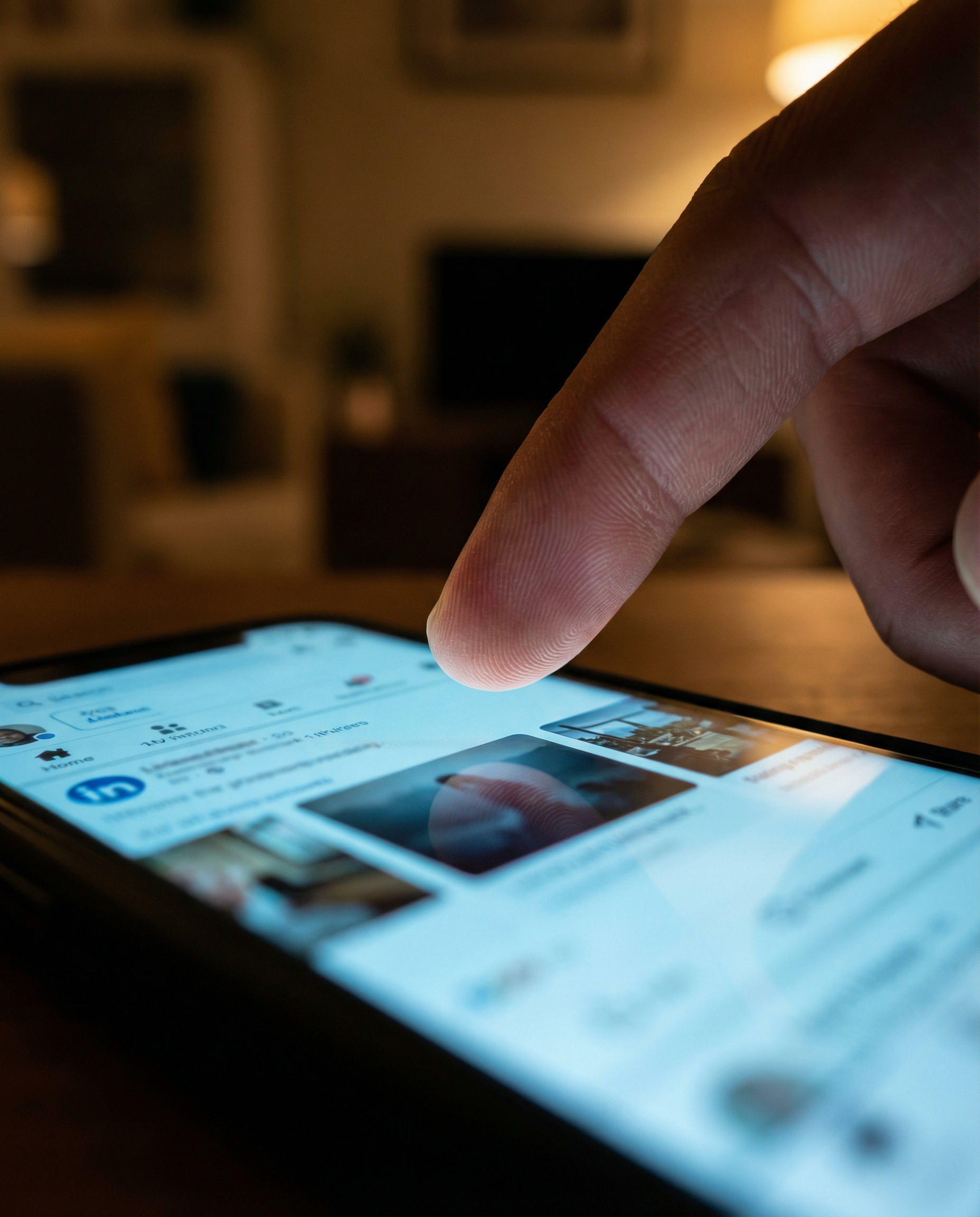 Photorealistic editorial photograph: extreme close-up of smartphone screen showing LinkedIn feed with carousel post mid-swipe, finger hovering over glass surface creating slight reflection, other stat