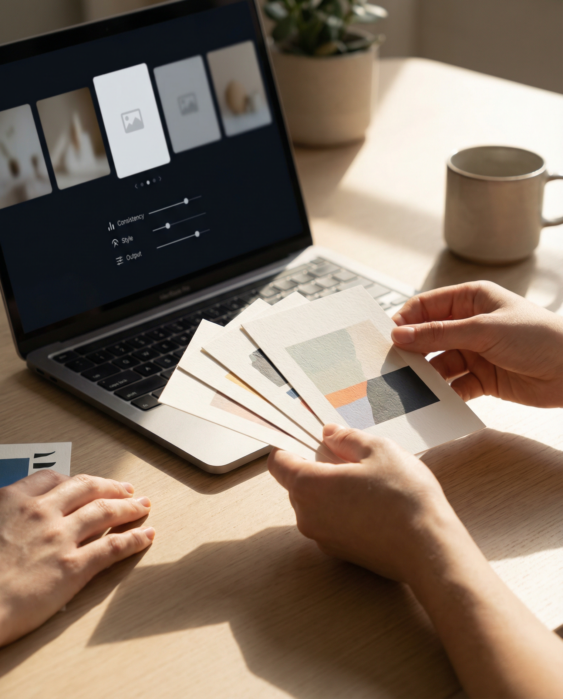 Photorealistic editorial photograph: close-up detail shot of hands arranging physical brand guideline cards next to laptop showing AI carousel generator interface with brand consistency controls, morn