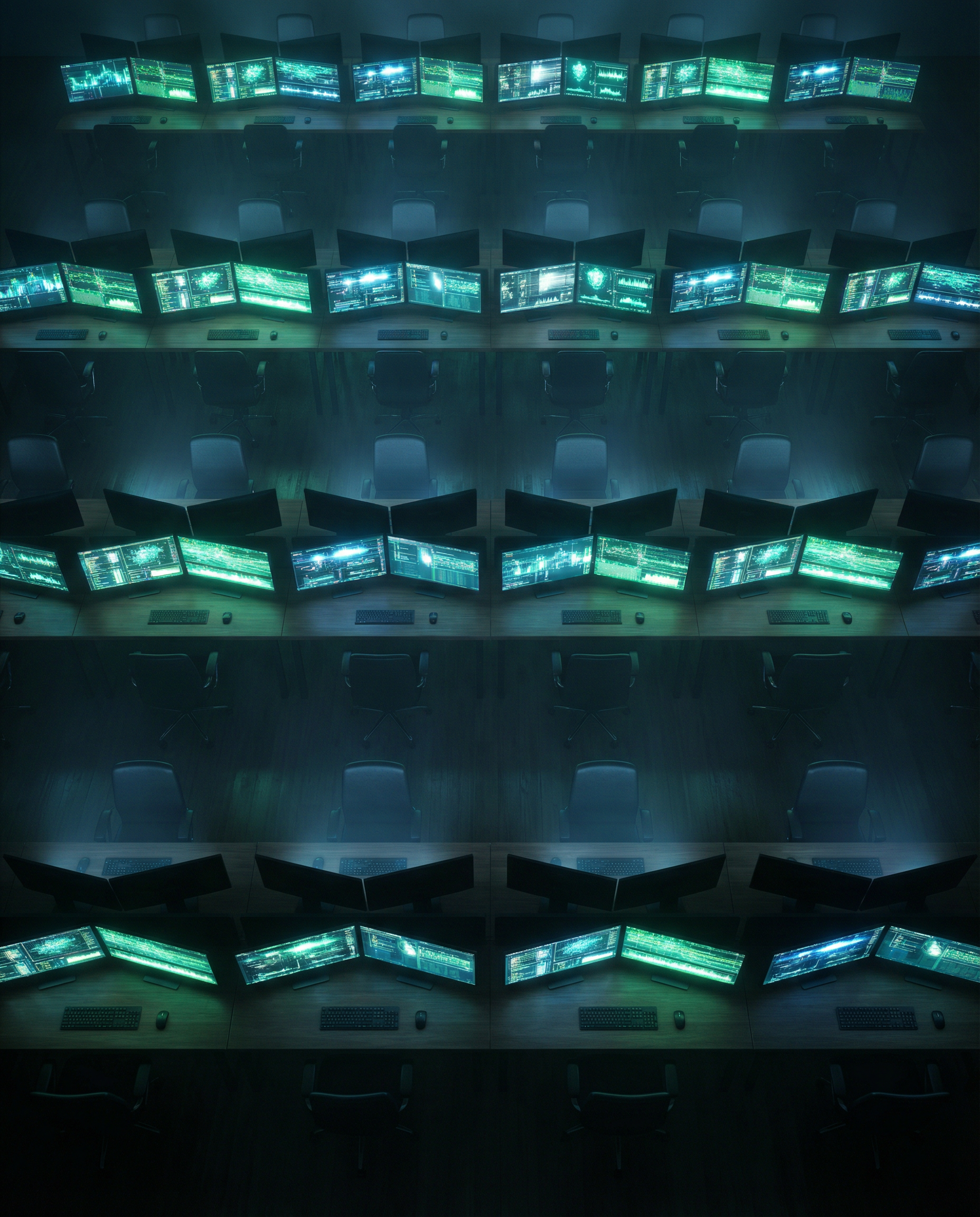 Photorealistic editorial photograph: dramatic overhead aerial view of modern marketing agency workspace at night, automated campaign systems running on multiple workstations with no people present, sc