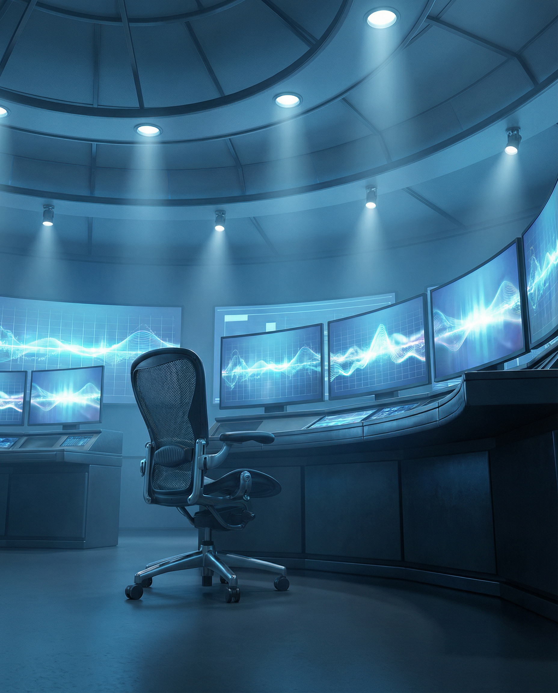 Photorealistic editorial wide shot: mission control-style marketing war room with multiple screens showing live ad performance across different platforms simultaneously, automated bid adjustments happ