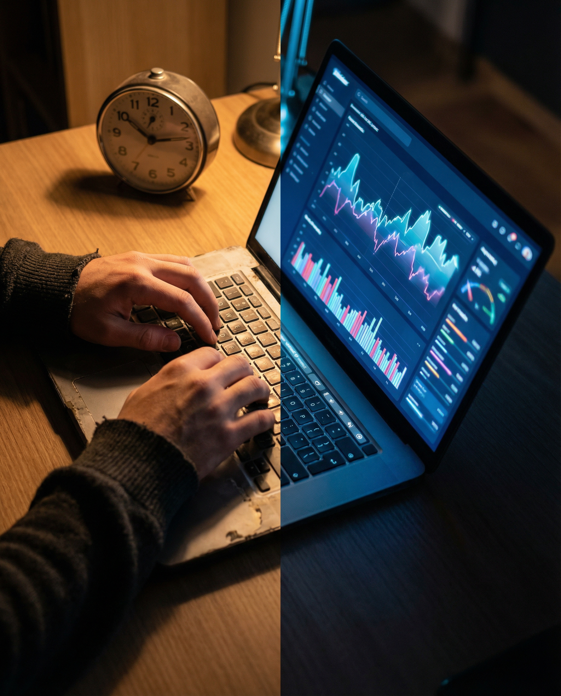 Photorealistic editorial photograph: split-screen moment showing marketer's hands hovering over laptop keyboard on left side with clock showing late evening, right side shows AI dashboard with real-ti