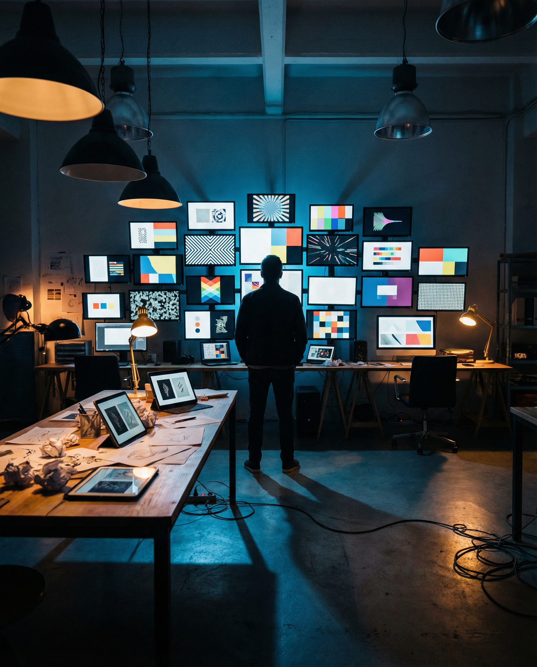 Photorealistic editorial photograph: wide establishing shot of content creation war room with wall of monitors displaying dozens of simultaneous A/B test variations for ads, creative team member stand