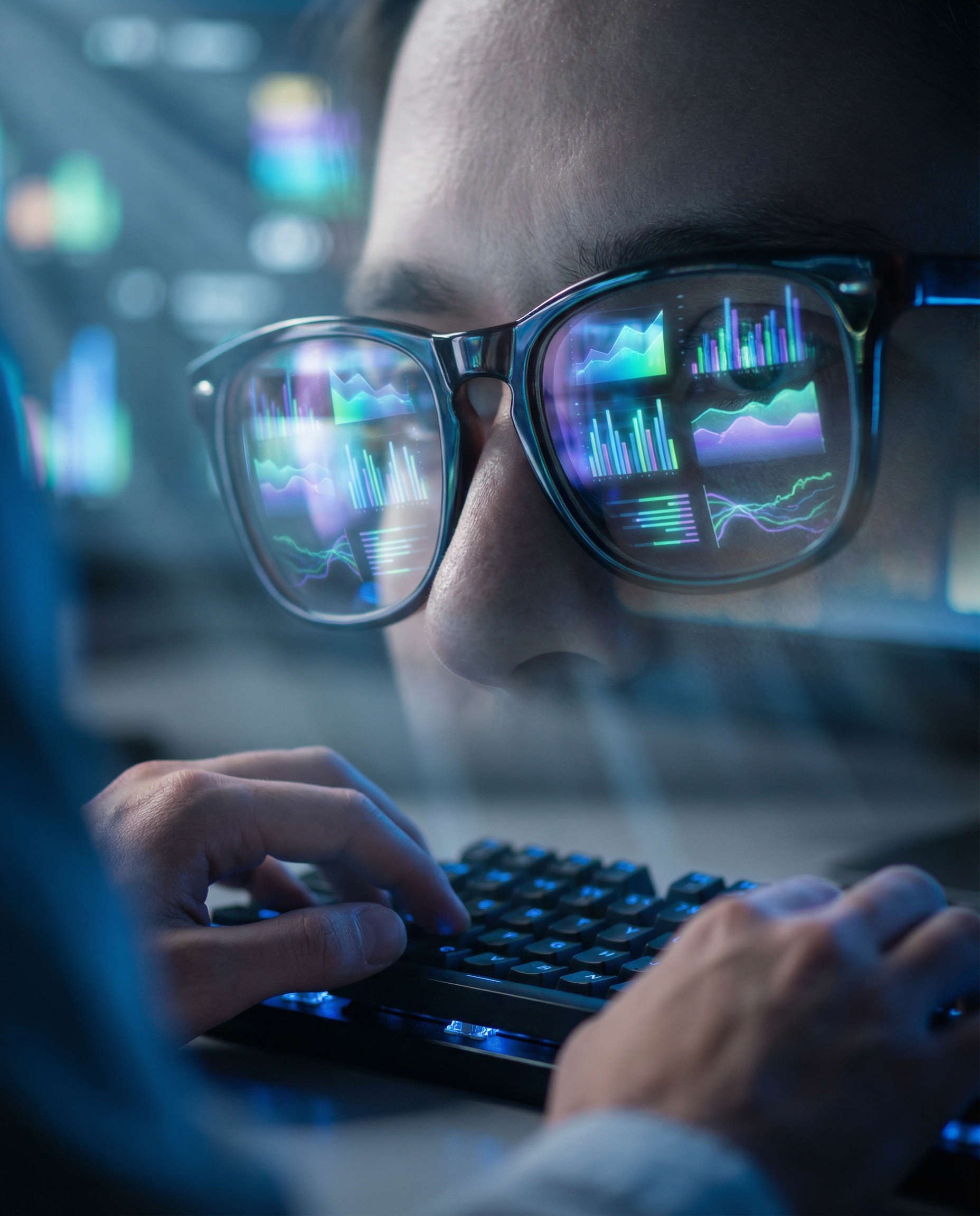 Photorealistic close-up editorial photograph: hands typing on backlit keyboard in dark modern office, multiple holographic-style screen reflections visible in reading glasses showing real-time campaig