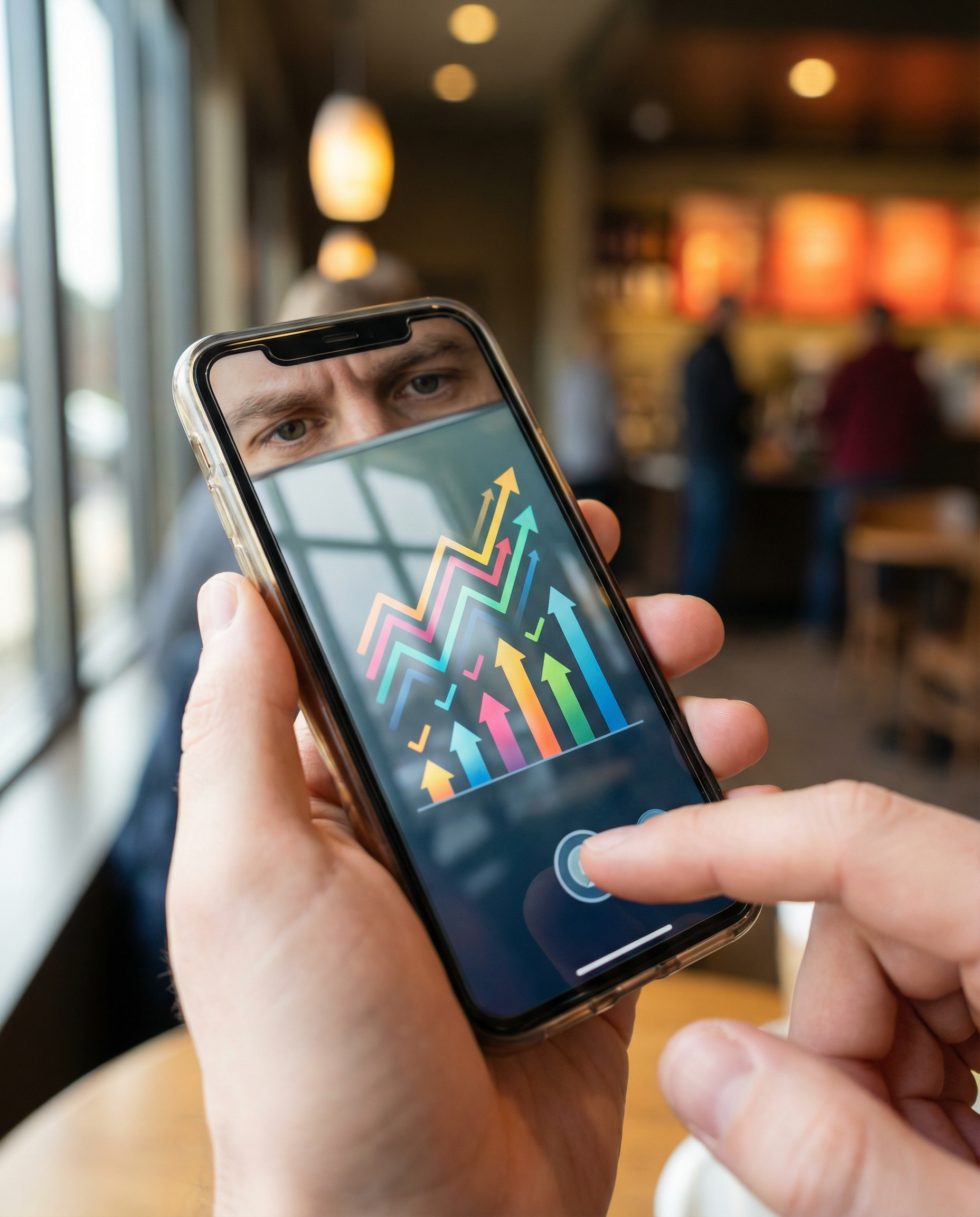 Photorealistic editorial photograph: dramatic close-up of smartphone screen held in marketer's hand showing campaign dashboard with skyrocketing conversion graphs and metrics, background completely bl