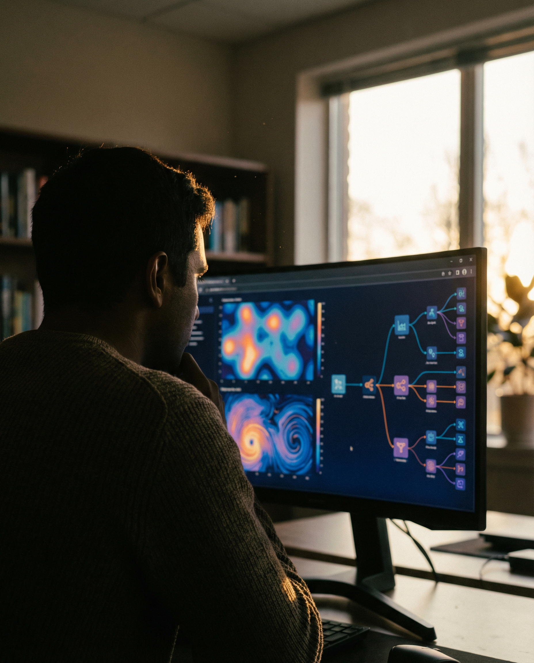 Photorealistic editorial photograph: over-the-shoulder view of data analyst studying large curved monitor displaying predictive heat maps and customer journey flowcharts with branching pathways, warm