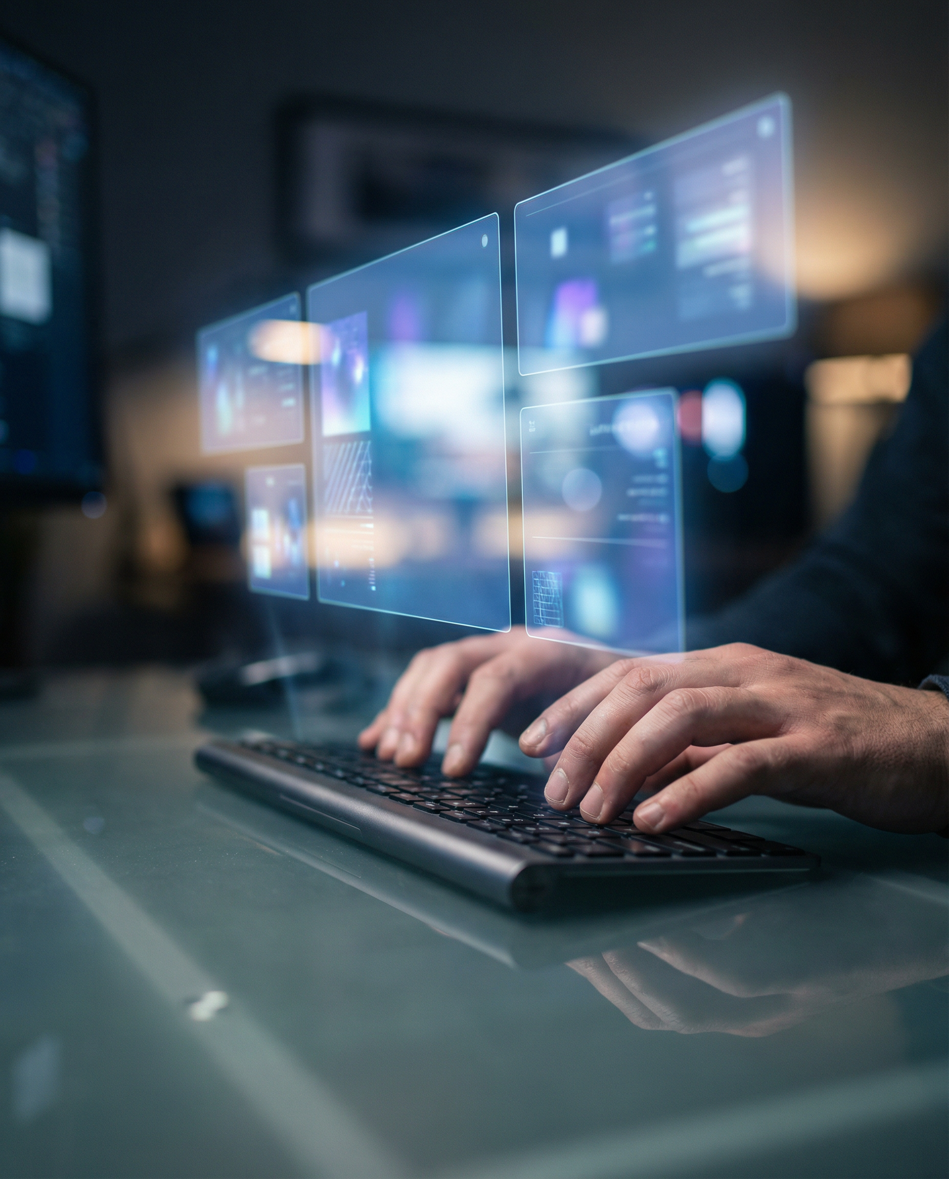 Photorealistic editorial close-up: human hands typing on sleek keyboard with holographic AI interface projecting content variations floating above the desk, dozens of blog post headlines and ad copy s
